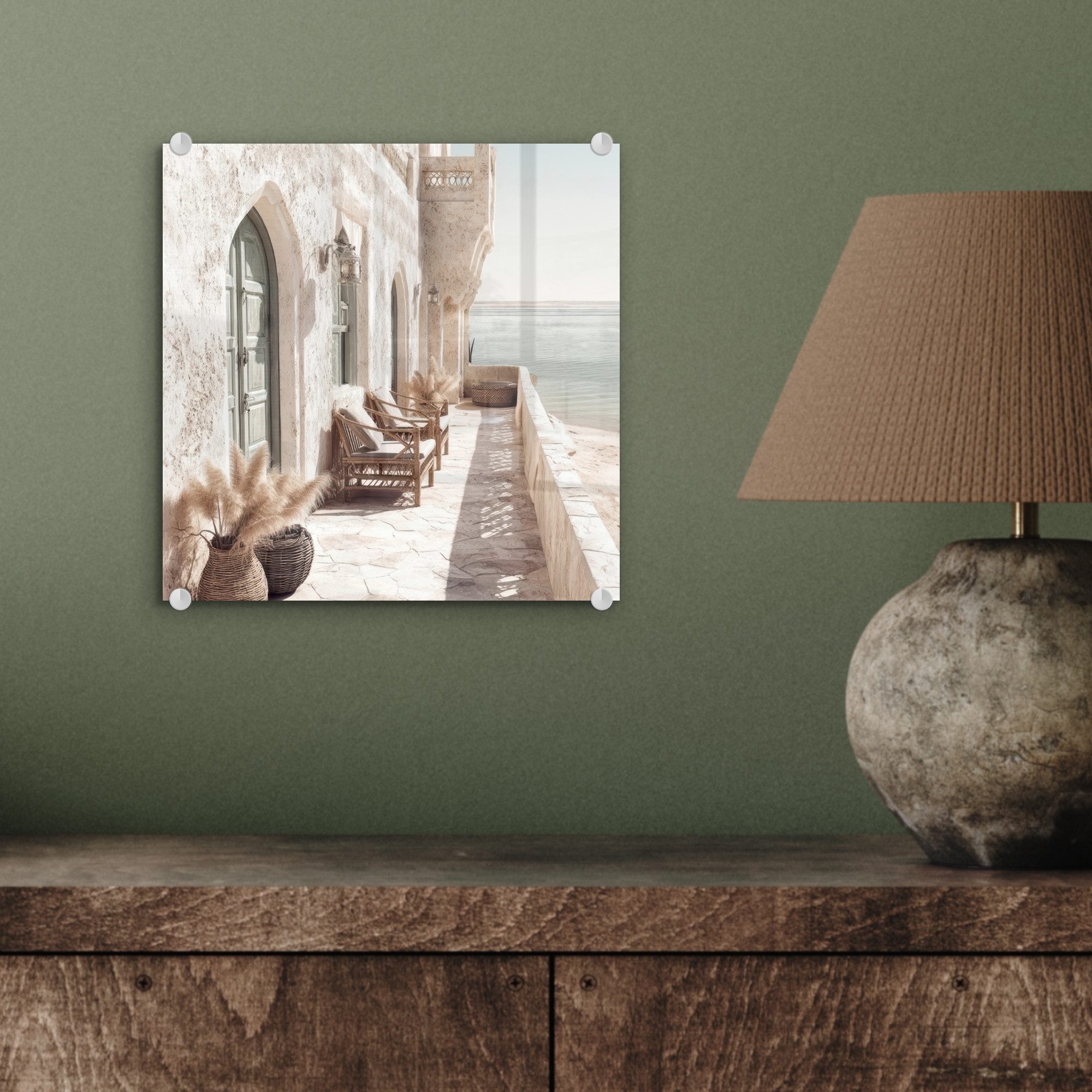 MuchoWow Acrylglasbild Terrasse - Stühle - Strand - Beige, Inkl. Aufhängung, Bilder auf Glas Wandbild, Wanddeko Wohnzimmer Badezimmer, 20x20 cm – Bild 4 von 5