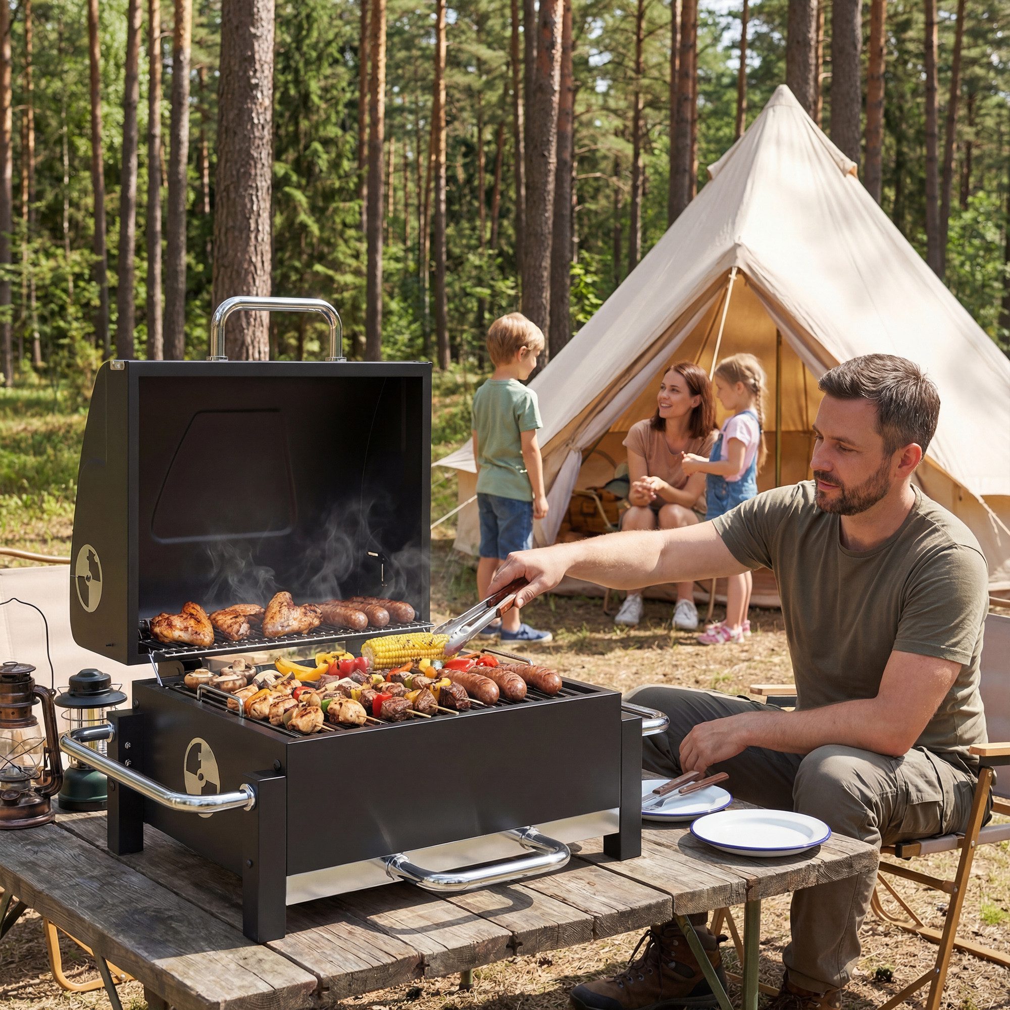 Outsunny Holzkohlegrill mit Deckel, verstellbare Lüftung, zweistufige Kohlepfanne, BBQ Smoker, Holzkohle Grill, für BBQ Terrasse Garten 74,5 x 54 x 46 cm Schwarz