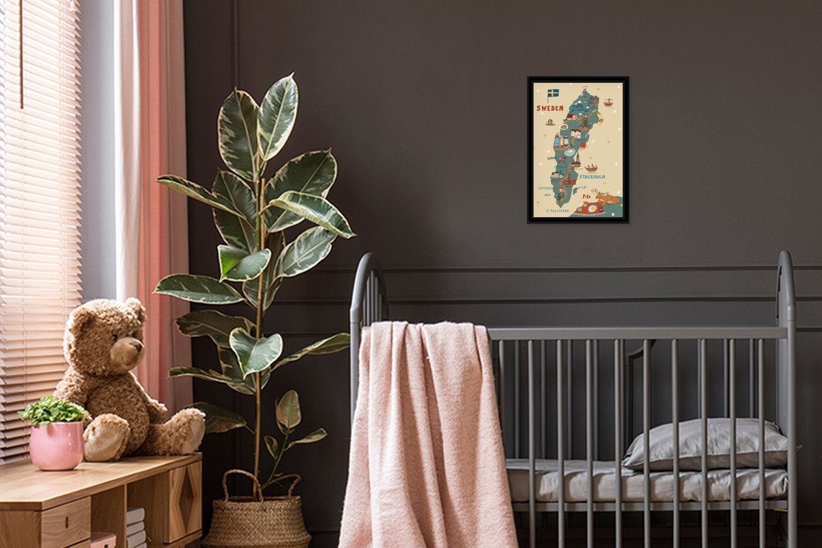 MuchoWow Poster Illustration Skandinavien mit der Karte von Schweden und einem Elch, (1 St), Bilderrahmen, Zimmer Deko, Bild für Wohnzimmer, 20x30 cm
