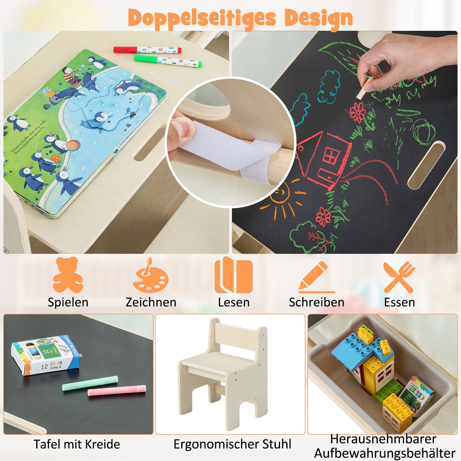 COSTWAY Spielzelt (1-tlg) 6 in 1 Kindersitzgruppe Spielhaus mit 1 Aufbewahrungsbox, Holz