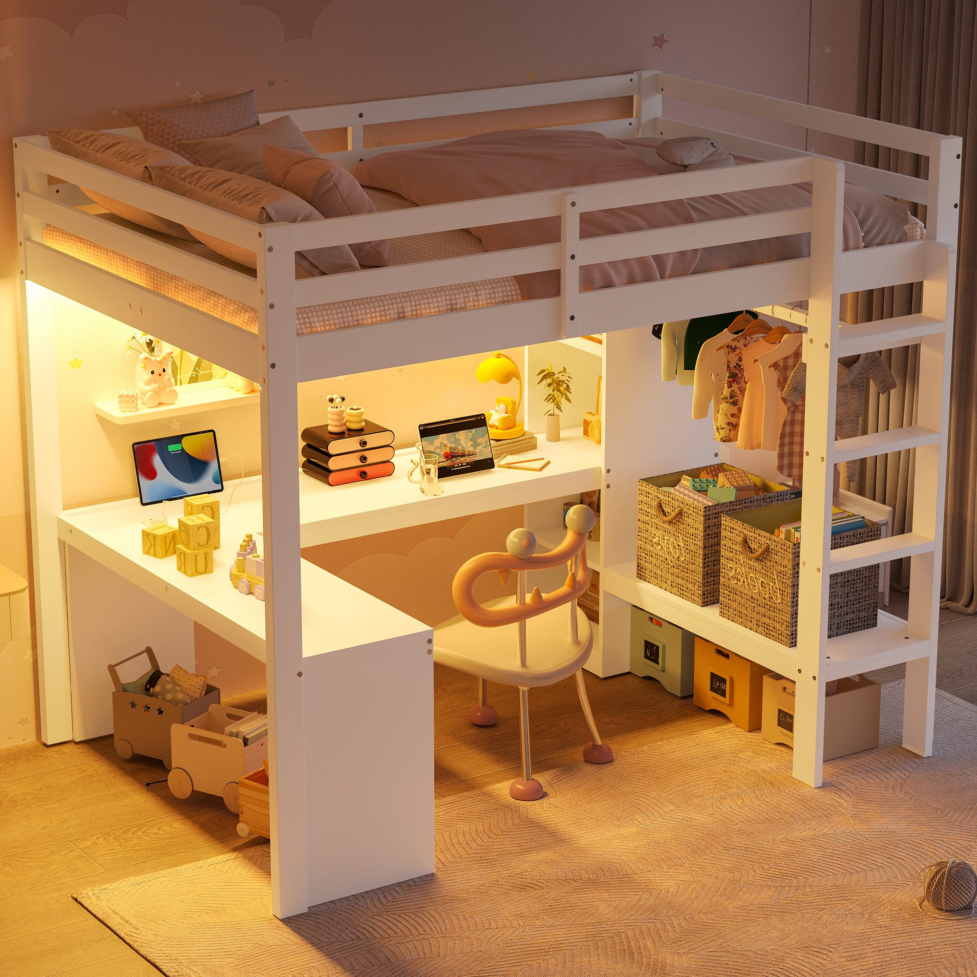 Odikalo Hochbett Kinderbett Jugendbett 140/90x200 mit Schreibtisch & LED (mit Multifunktionsregalen, Unterbettschreibtisch, LED-Licht und USB)