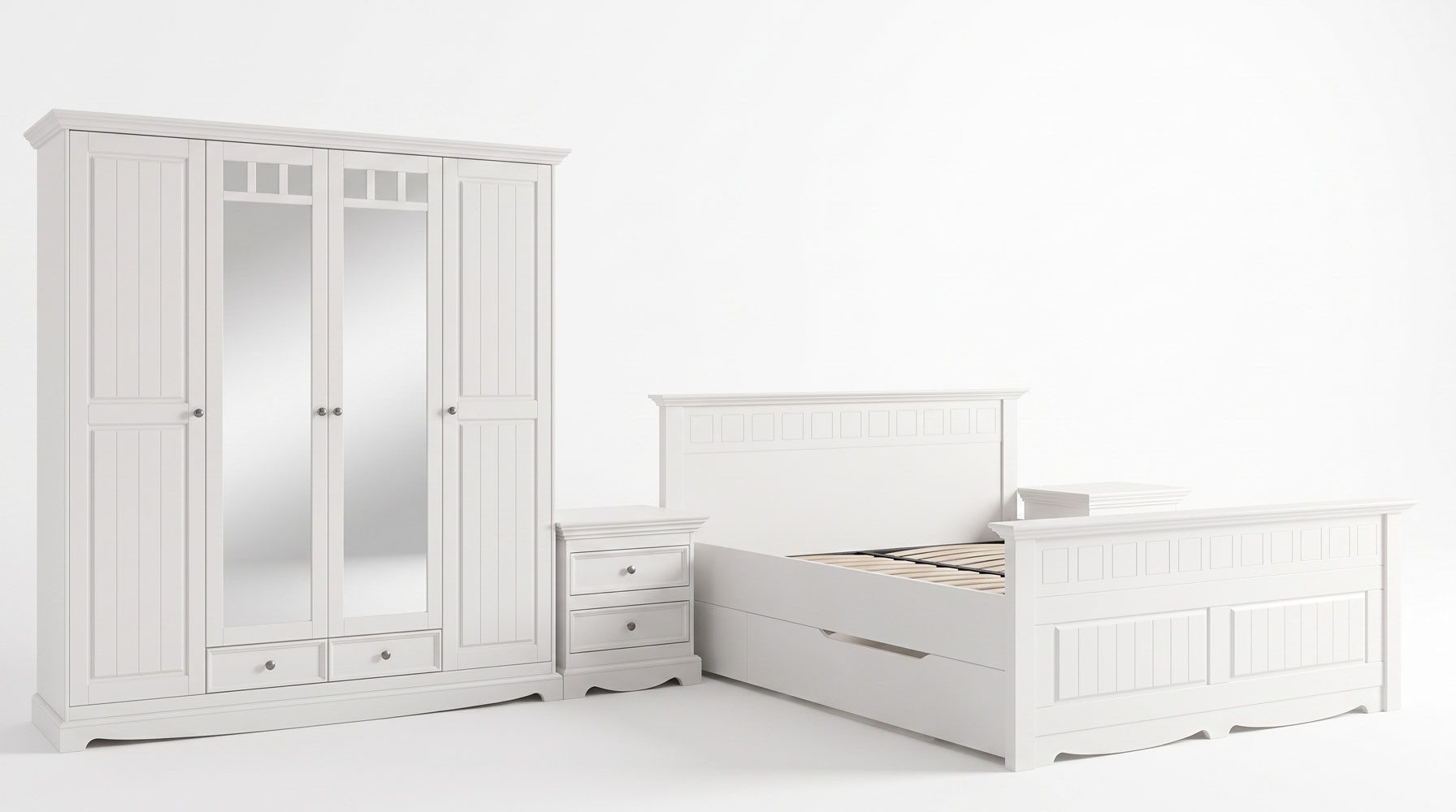 Feldmann-Wohnen Schlafzimmer-Set Belluno Elegante, (lackiertes finnisches Kiefernholz, mit Schubladen, mit Türen, 6-tlg., moderne Optik, 6-teiliges Schlafzimmer-Set, mit Schubladen, mit Türen), 6-teilig Massivholz mit Spiegel Kiefer weiß 120x200cm