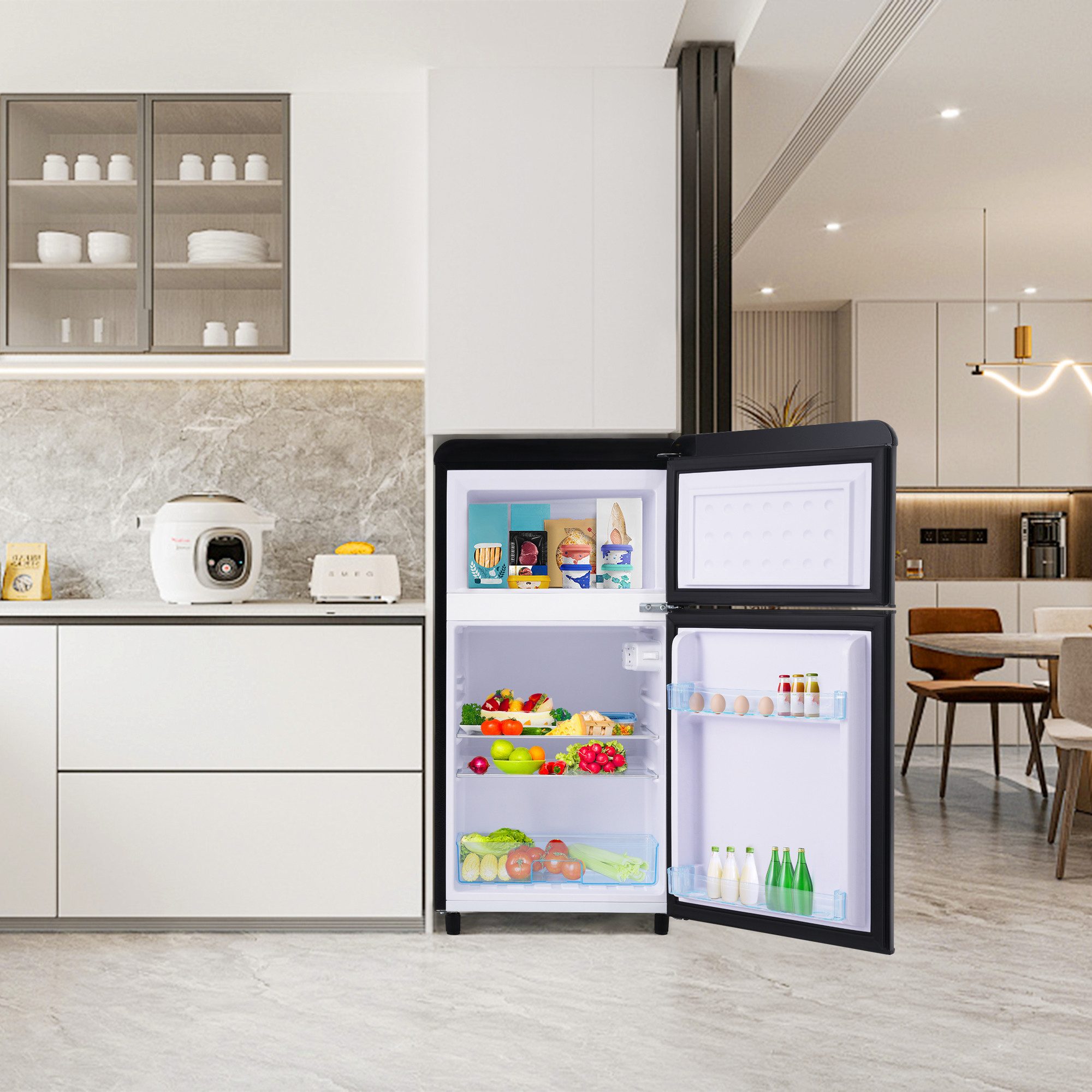 Blossom Kühl-/Gefrierkombination BCD-100C, 89 cm hoch, 45 cm breit, Retro Kühlschrank mit LED-Beleuchtung 21 L Gefrierfach Energieklasse E
