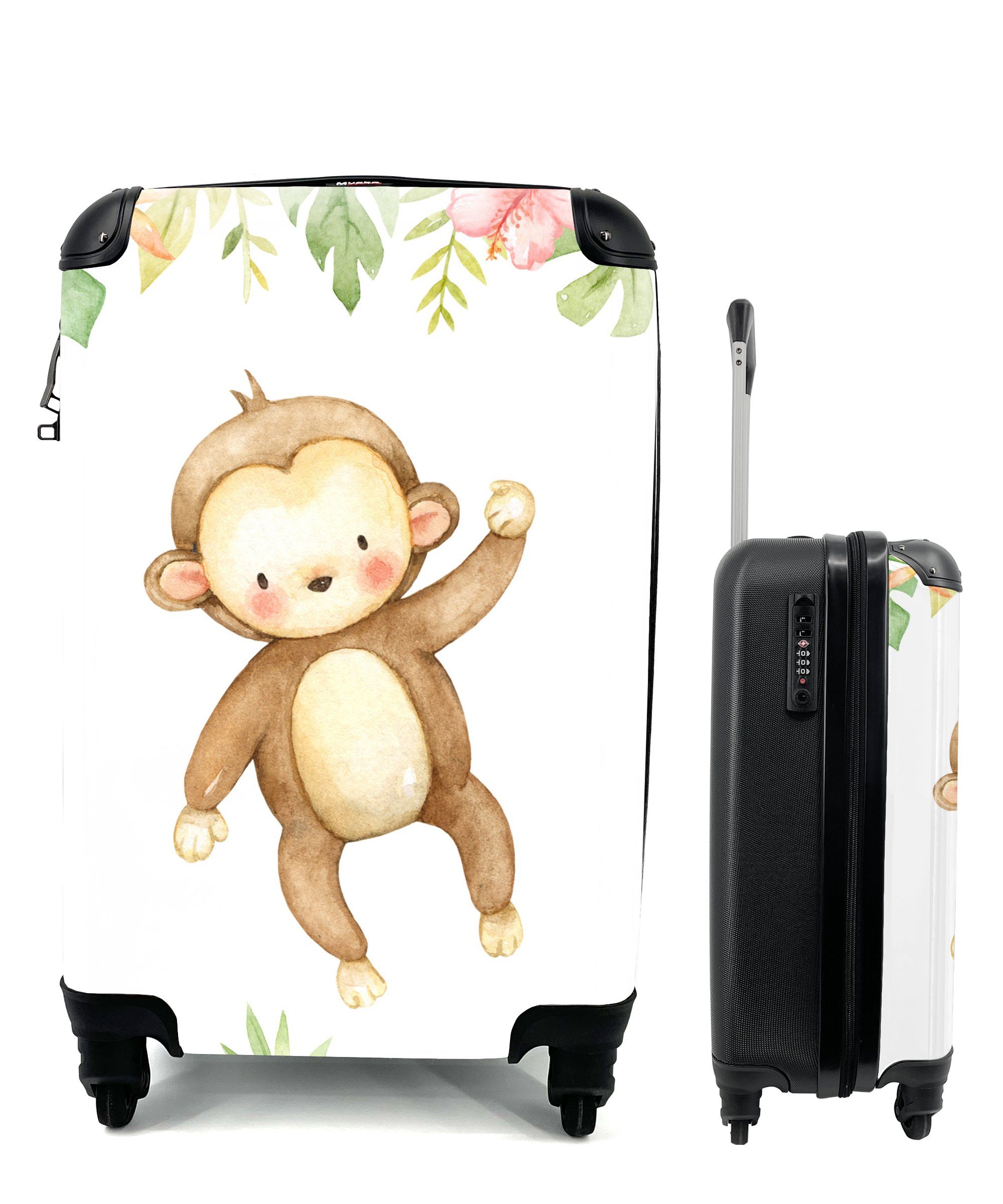 MuchoWow Handgepäckkoffer Affe - Blumen - Dschungel, 4 Rollen, Reisetasche mit rollen, Handgepäck für Ferien, Trolley, Reisekoffer