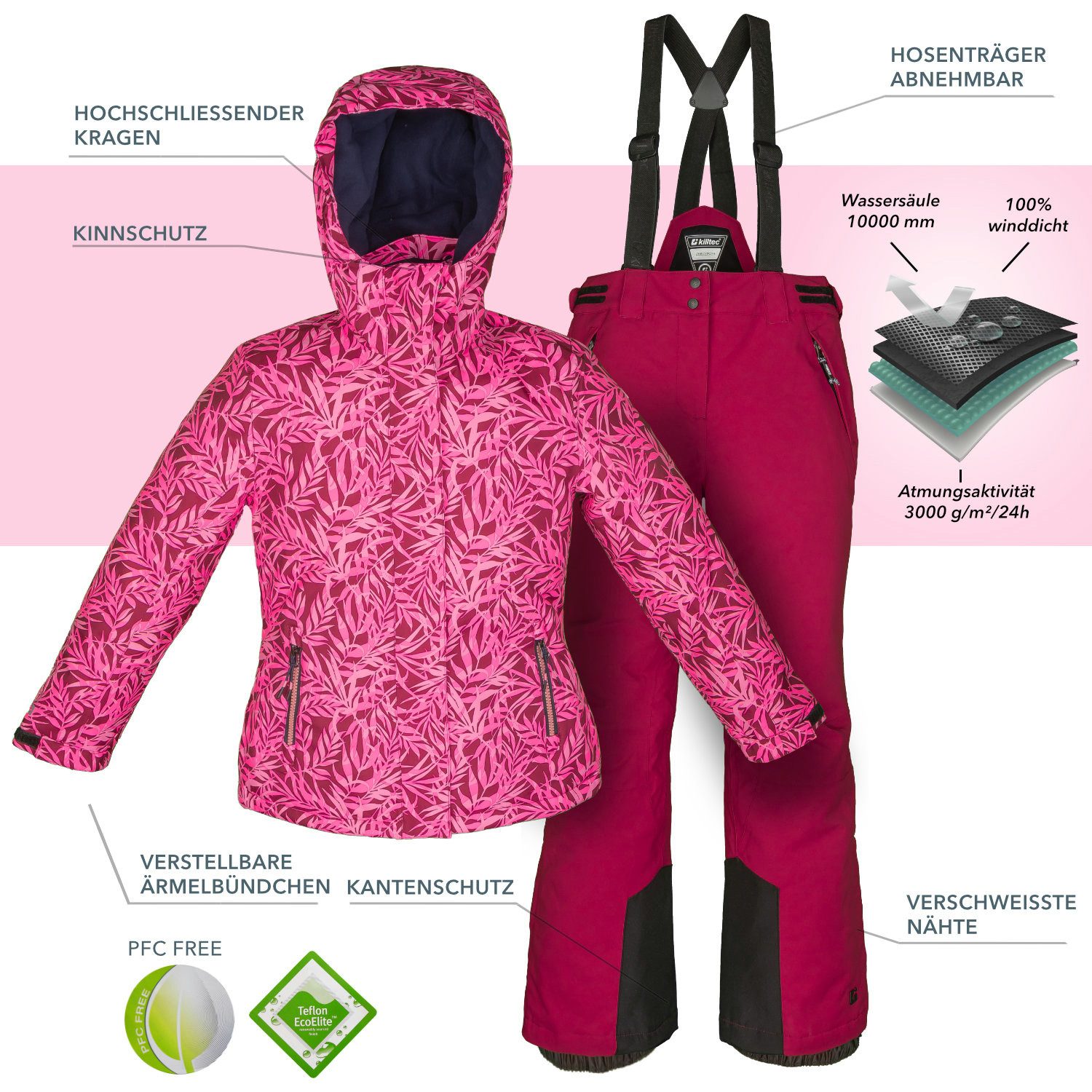 Killtec Skianzug Mädchen Skijacke pink gemustert + Skihose bordeaux, verschweißte Nähte