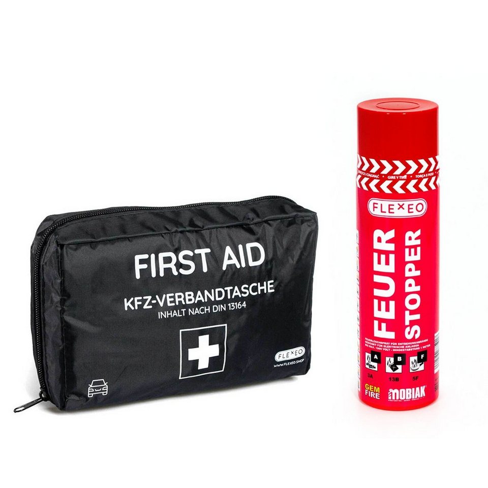 FLEXEO Feuerlöschspray KFZ Verbandtasche, Schaum, (2-St) Erste Hilfe Set  und Brandschutz fürs Auto Zuhause Unterwegs