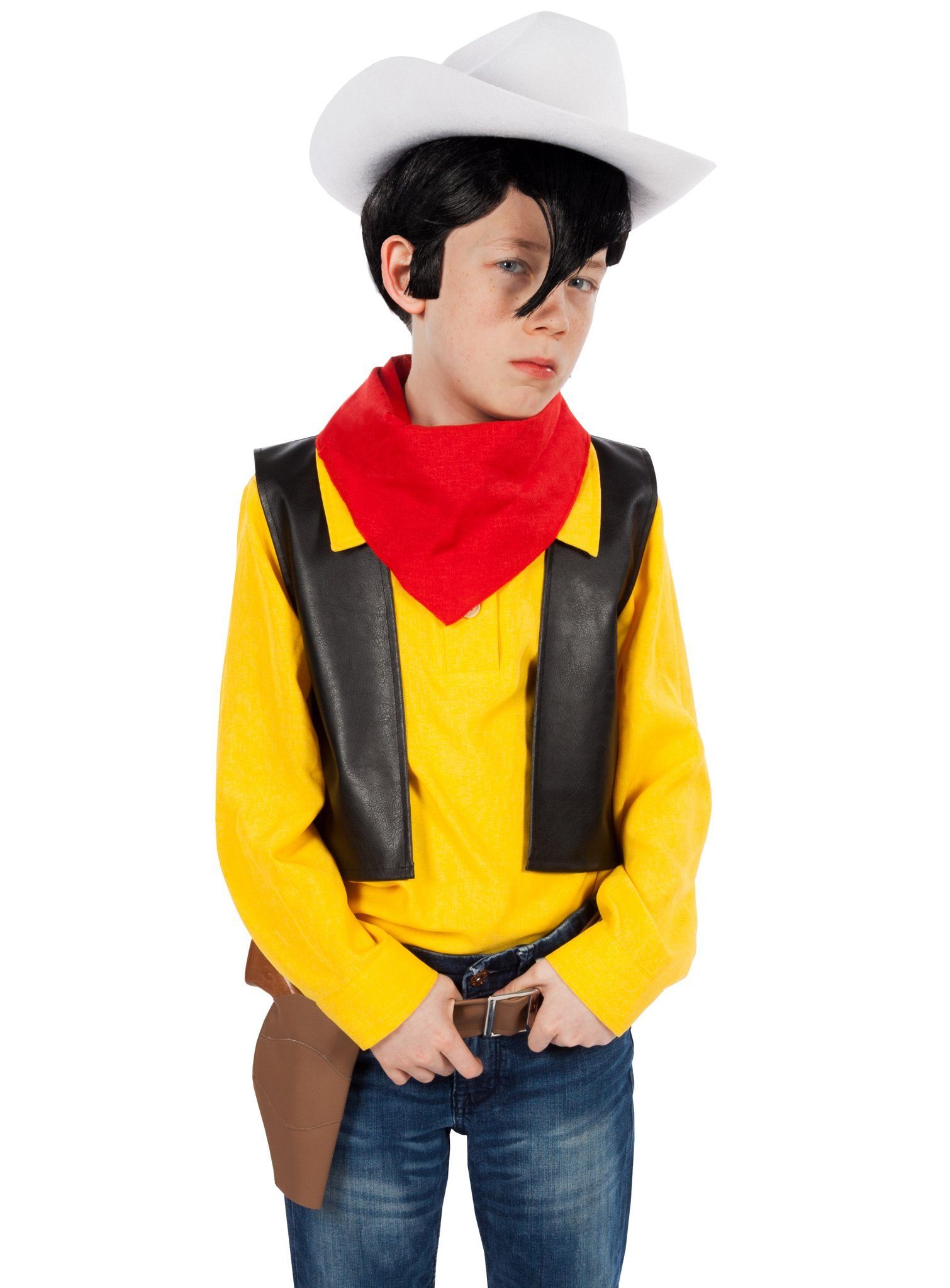 Maskworld Kostüm Lucky Luke Karneval Cowboy Faschingskostüm Kinder, Hochwertiges Lizenzkostüm des Westernhelden aus den gleichnamigen Com