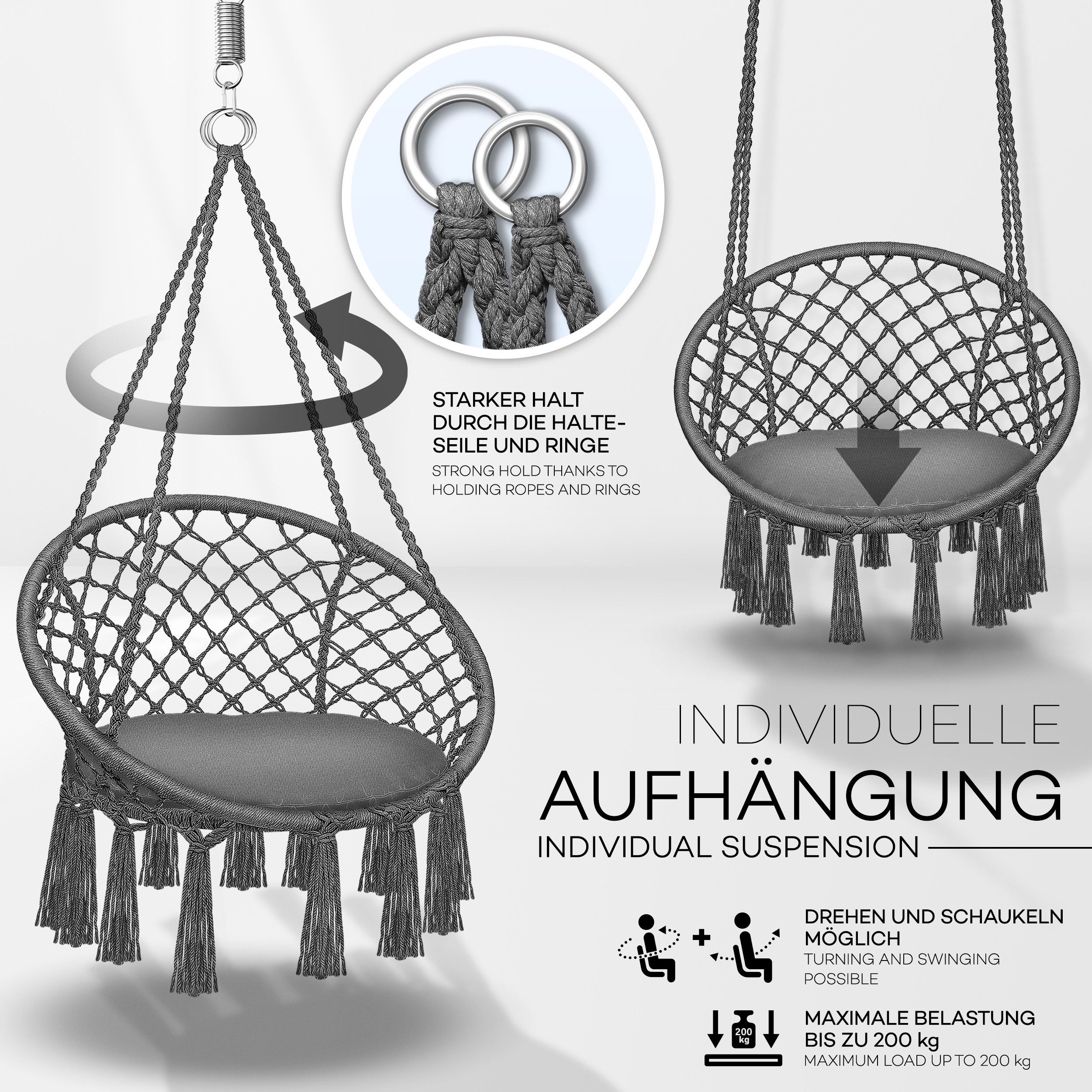 tillvex Hängesessel tillvex® Hängesessel Hängestuhl Hängeschaukel Hängekorb Hängesitz (Set, Hängesessel, Kissen, 4 Seile mit 2 Stahlringen), Kissen – Bild 3 von 5