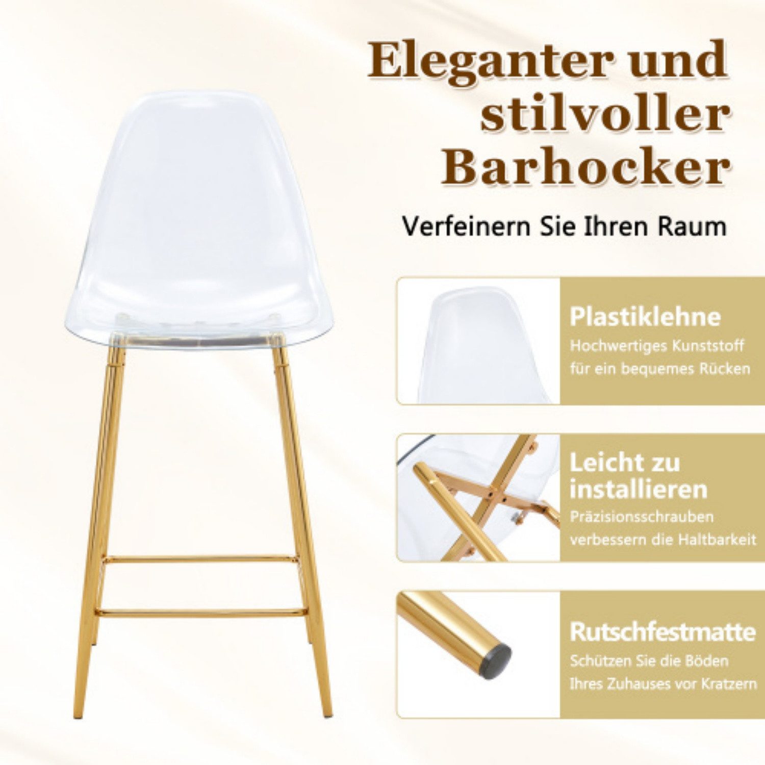 ANYSUN Barhocker Barhocker 4er Set transparent mit Lehne, Fußstütze & Metallgestell (4er-Set), 102 cm hoch, bis 120 kg belastbar, für offene Küchen & Essbereiche