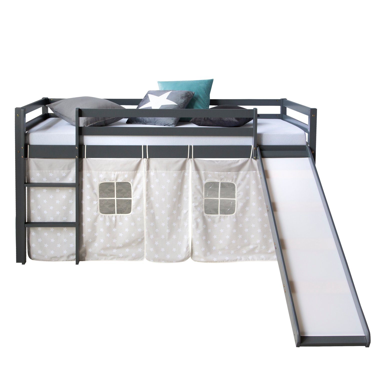 Homestyle4u Hochbett 90x200 mit Vorhang und Rutsche in Grau Sterne 1871 günstig online kaufen