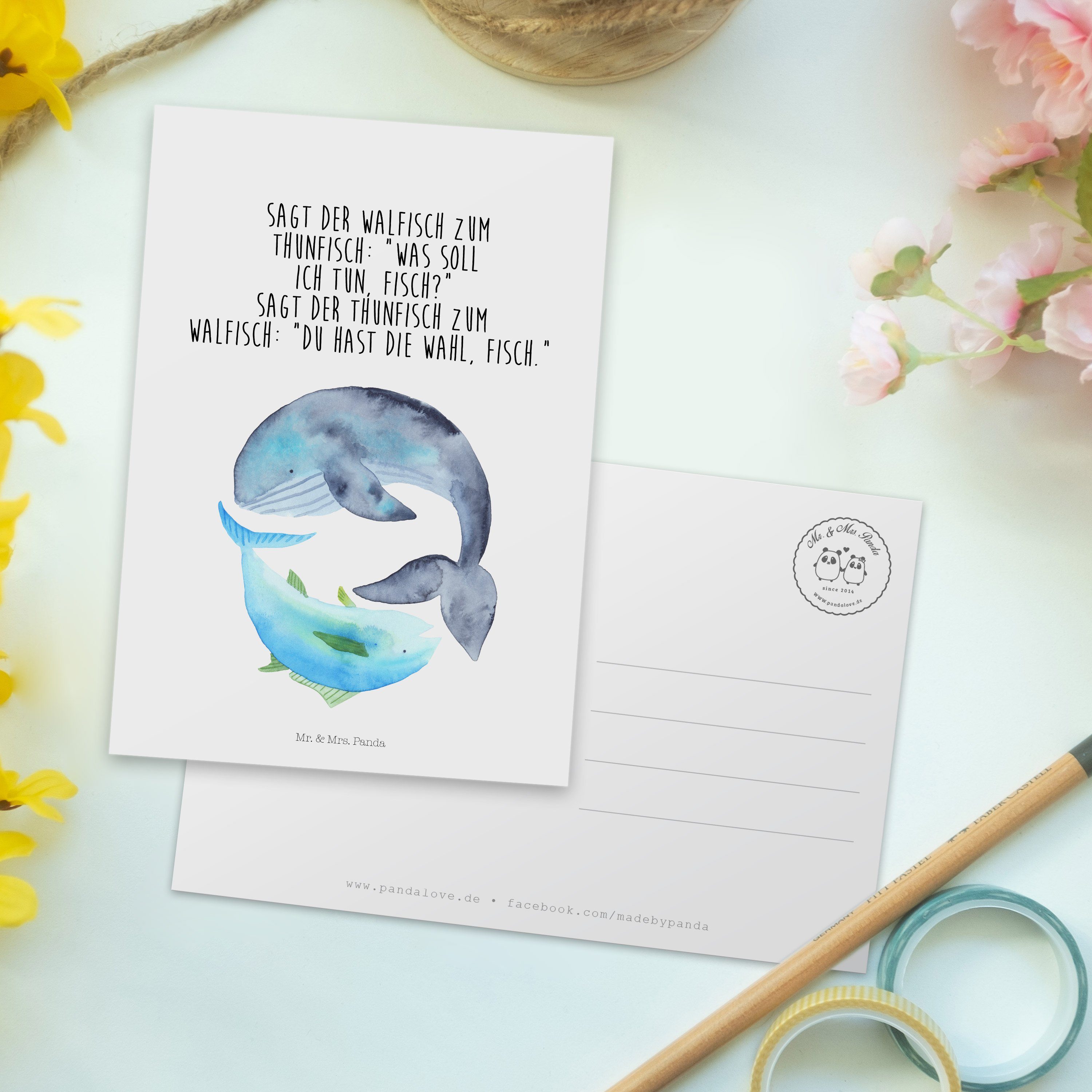 Mr. & Mrs. Panda Postkarte Thunfisch Walfisch Tiermotive, - Dankes - Geschenk, Weiß Einladung, &