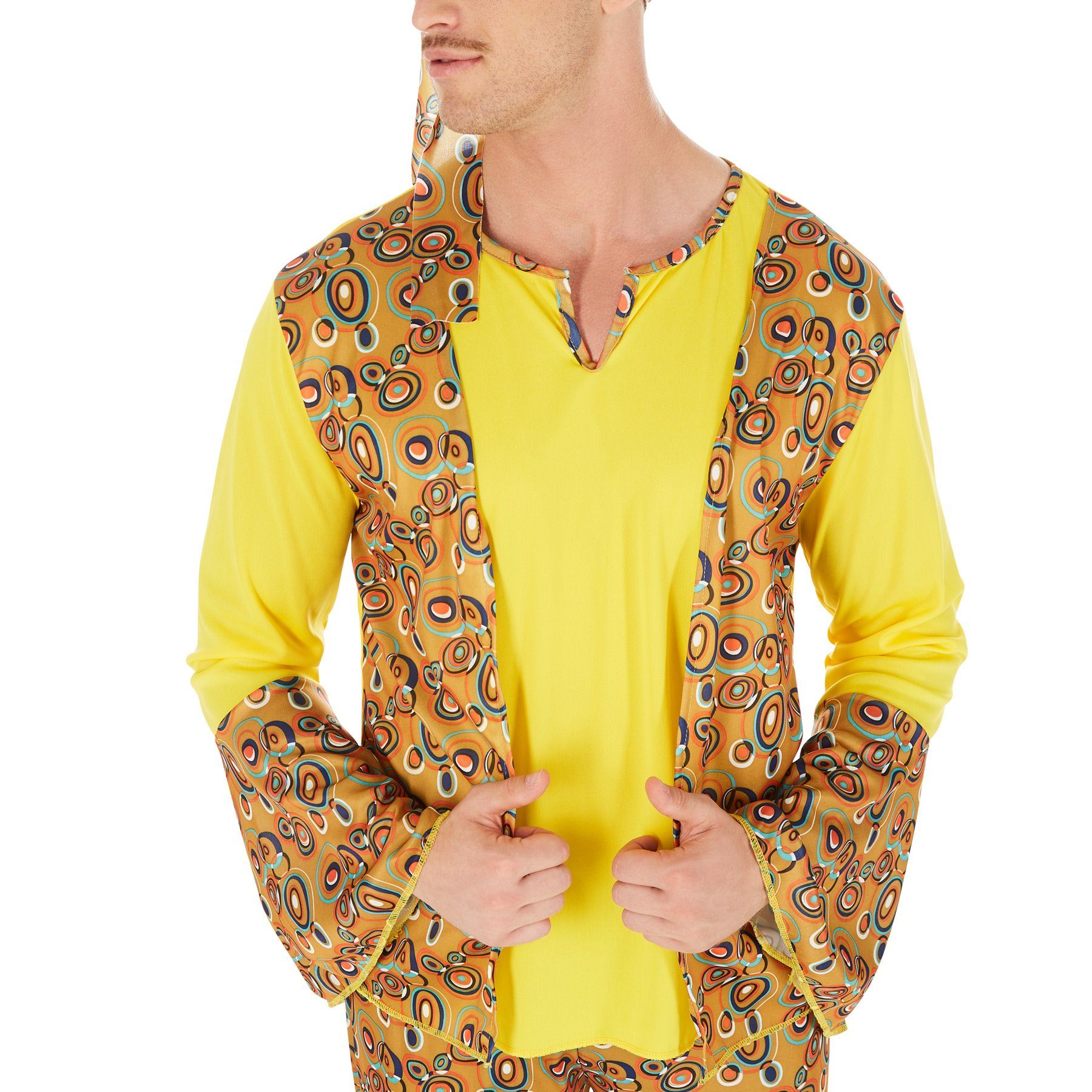 dressforfun Hippie-Kostüm Tänzerin/Partygängerin, in der Farbe bunt, Gr. XXL, inkl. Haarband, Jersey-Elastik-Oberteil mit Weste, Gummizughose, 60er-/70er-Look