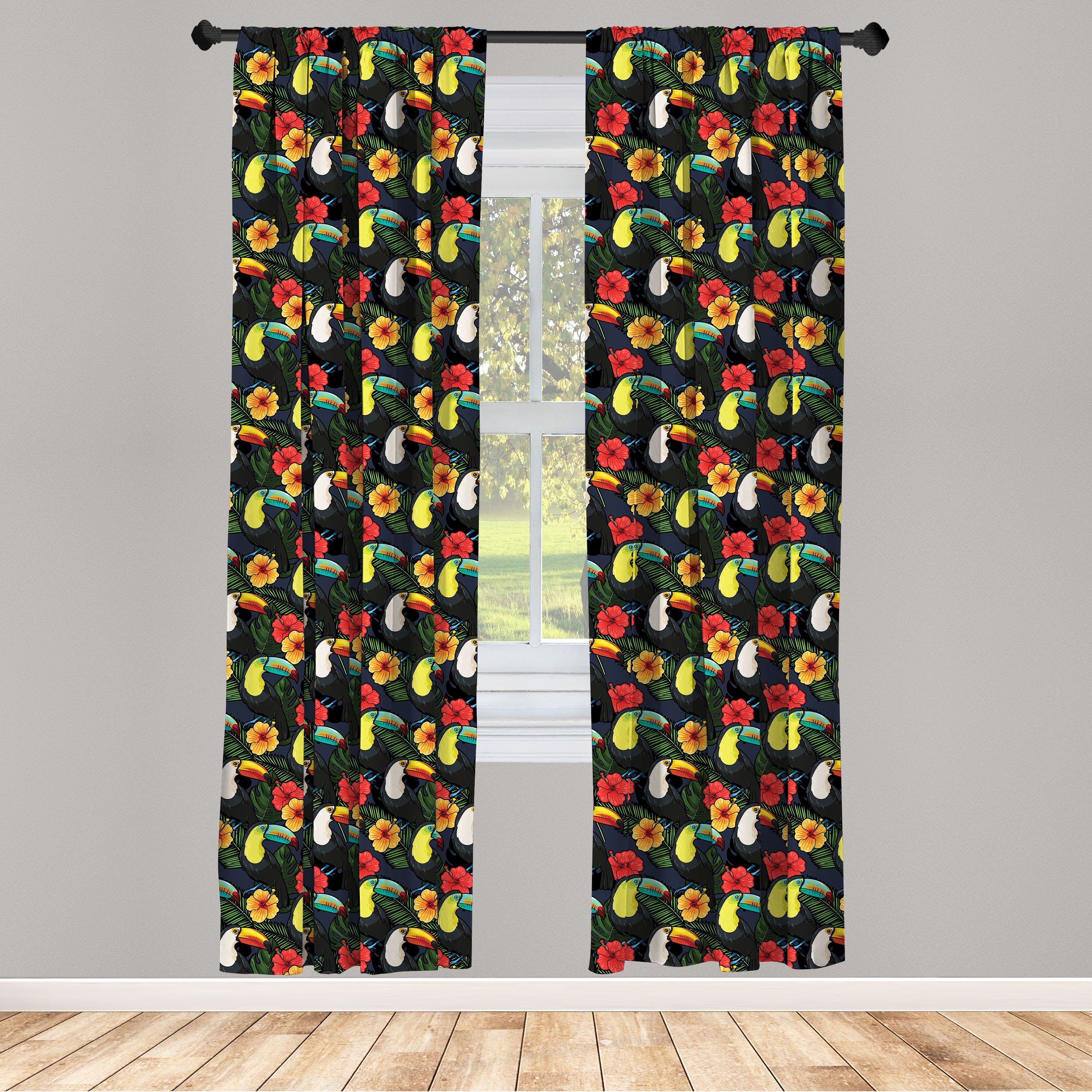Gardine Vorhang für Wohnzimmer Schlafzimmer Dekor, Abakuhaus, Microfaser, Aquarell Toucan und Hibiscus
