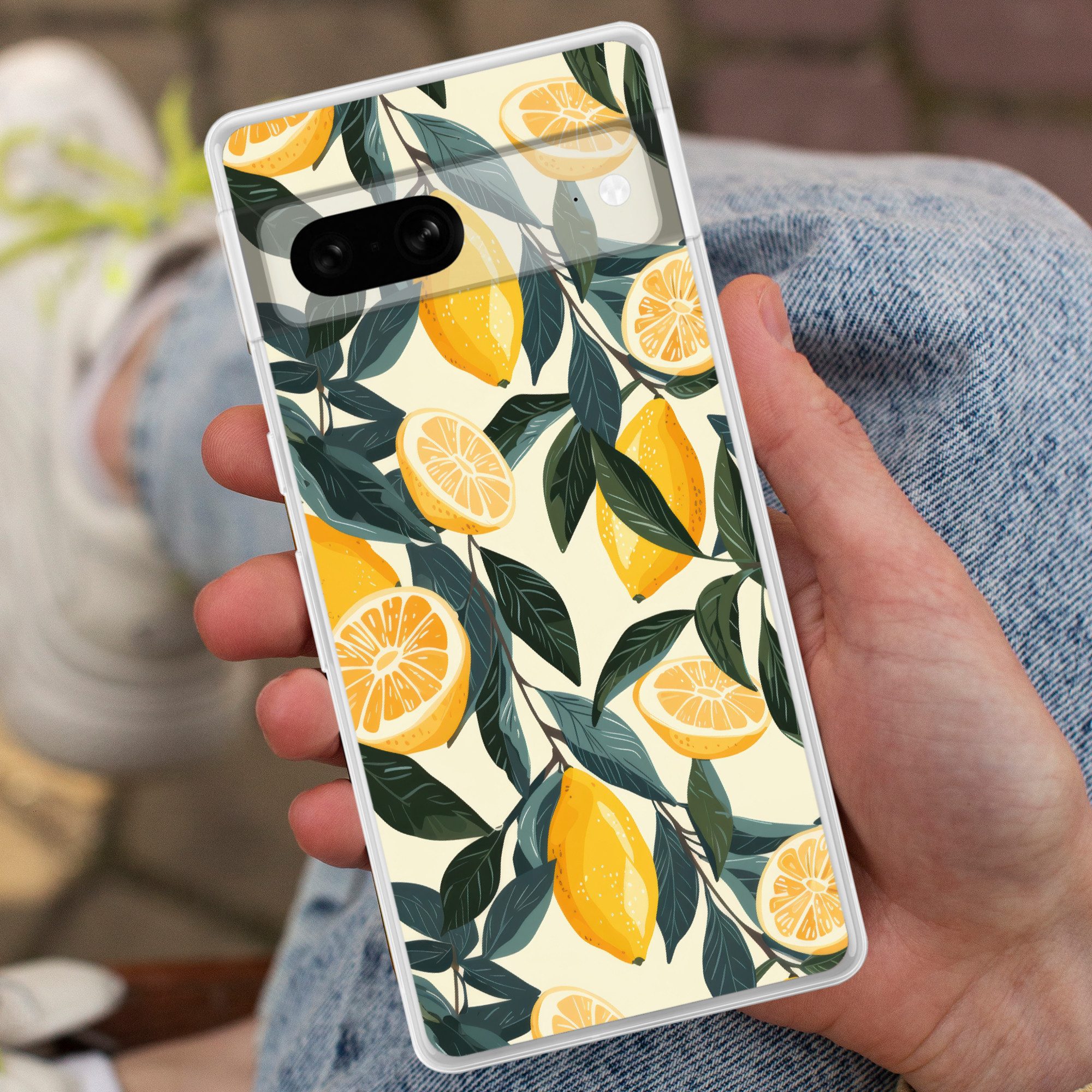 MuchoWow Handyhülle für Google Pixel 7 Zitronen - Früchte - Blätter - Gelb - Grün - Beige, Phone Case, Silikon, Schutzhülle Dünn