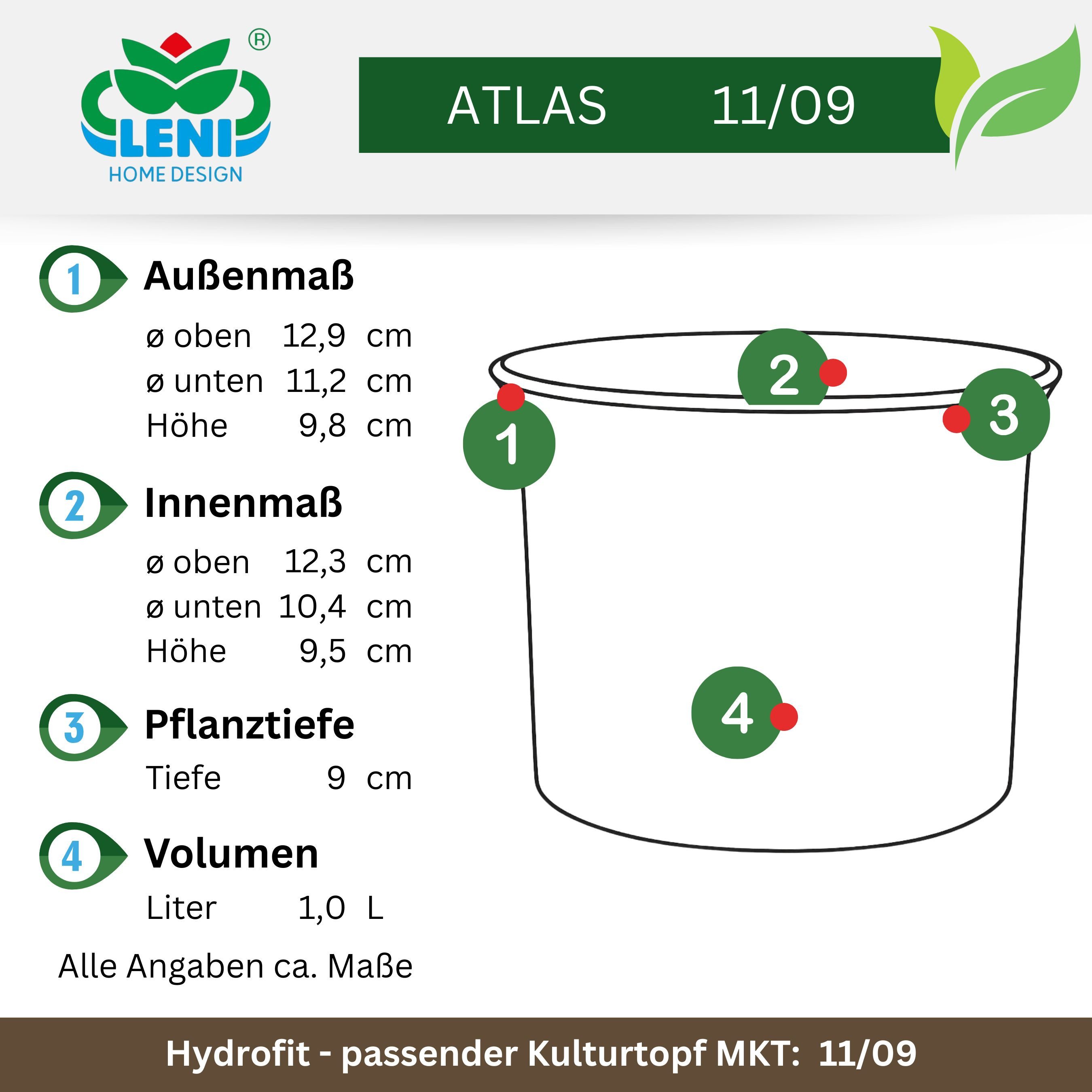LENI Blumentopf Atlas Blumentopf Kunststoff matt 11/09 Hydro-Komplettset 4er-Pack Weiß (Hydrokultur-Set, Übertopf, Kulturtopf, Gießanzeige, Substrat vorgedüngt, – Bild 2 von 5