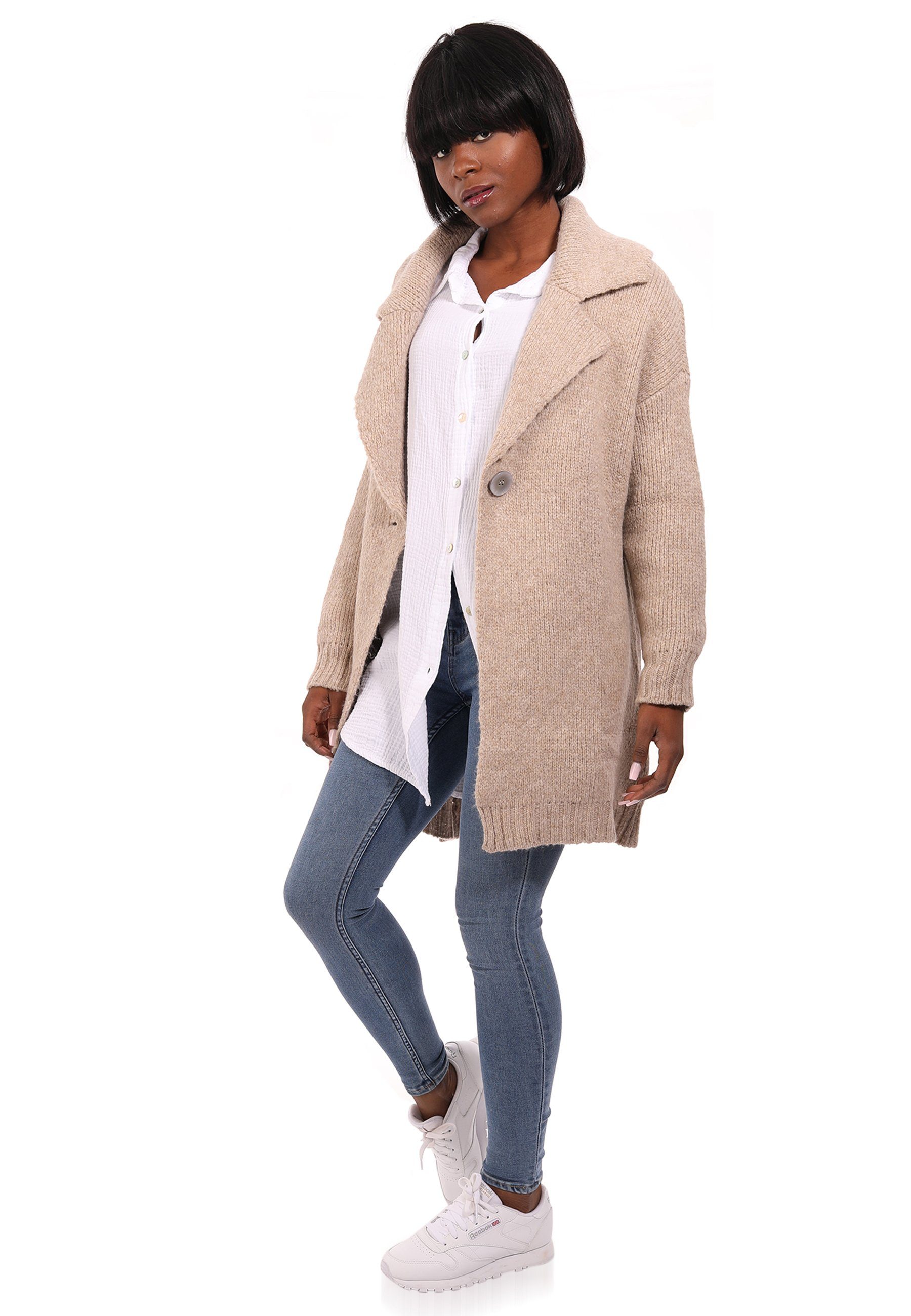 -tlg) Cardigan (Kein mit Size 1 One & Schalkragen beige Set, Strickjacke Basic Style YC Fashion