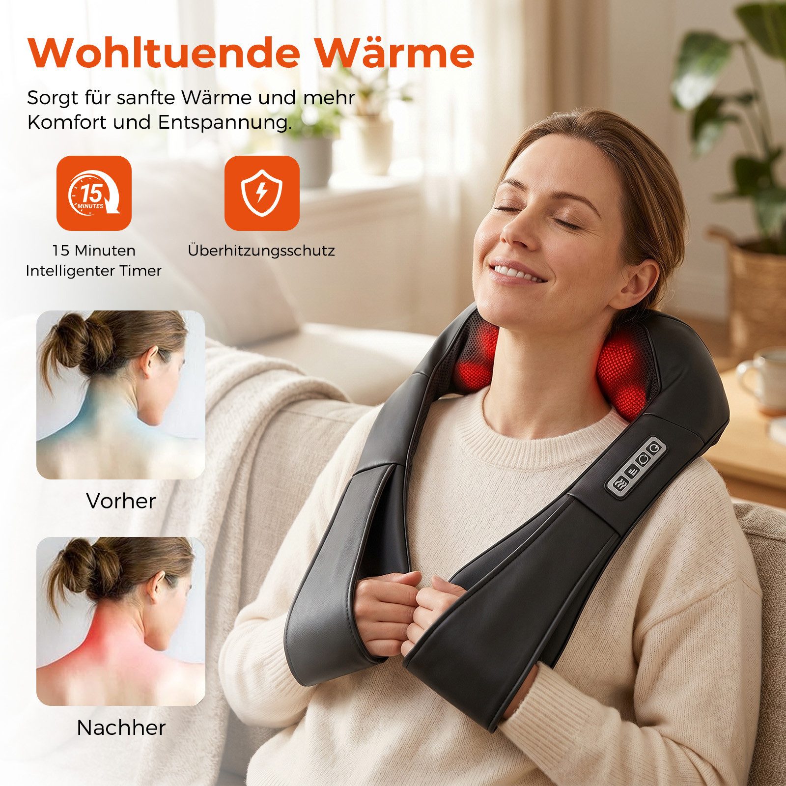 AKKEE Nacken-Massagegerät Shiatsu-Massagegerät mit Wärme für Nacken Rücken Schulter Taille, Geeignet für alle Muskelgruppen