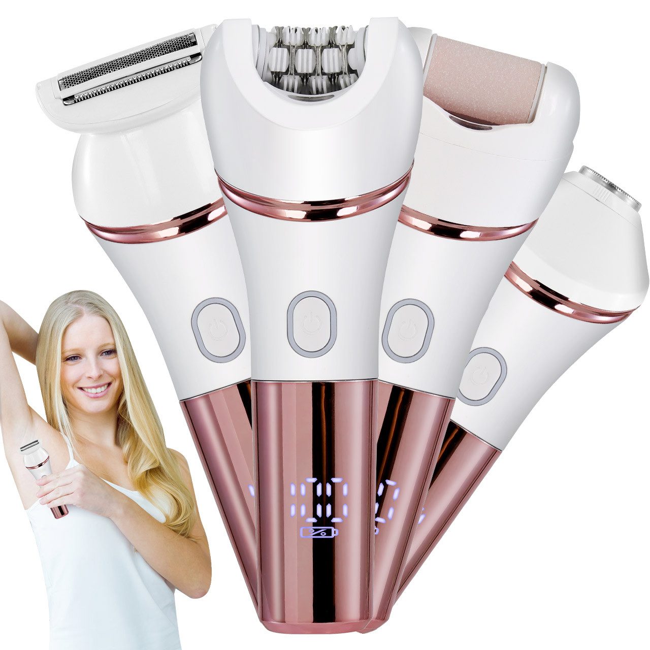 Tekoo Körperrasierer Epilierer 4in1 Elektrischer Damenrasierer, Bikinitrimmer für Frauen, Set, 4-tlg., 4-teiliges Pflegeset, 4-in-1 Set, IPX7 Wasserdicht, 90 Min. Laufzeit, LED-Anzeige