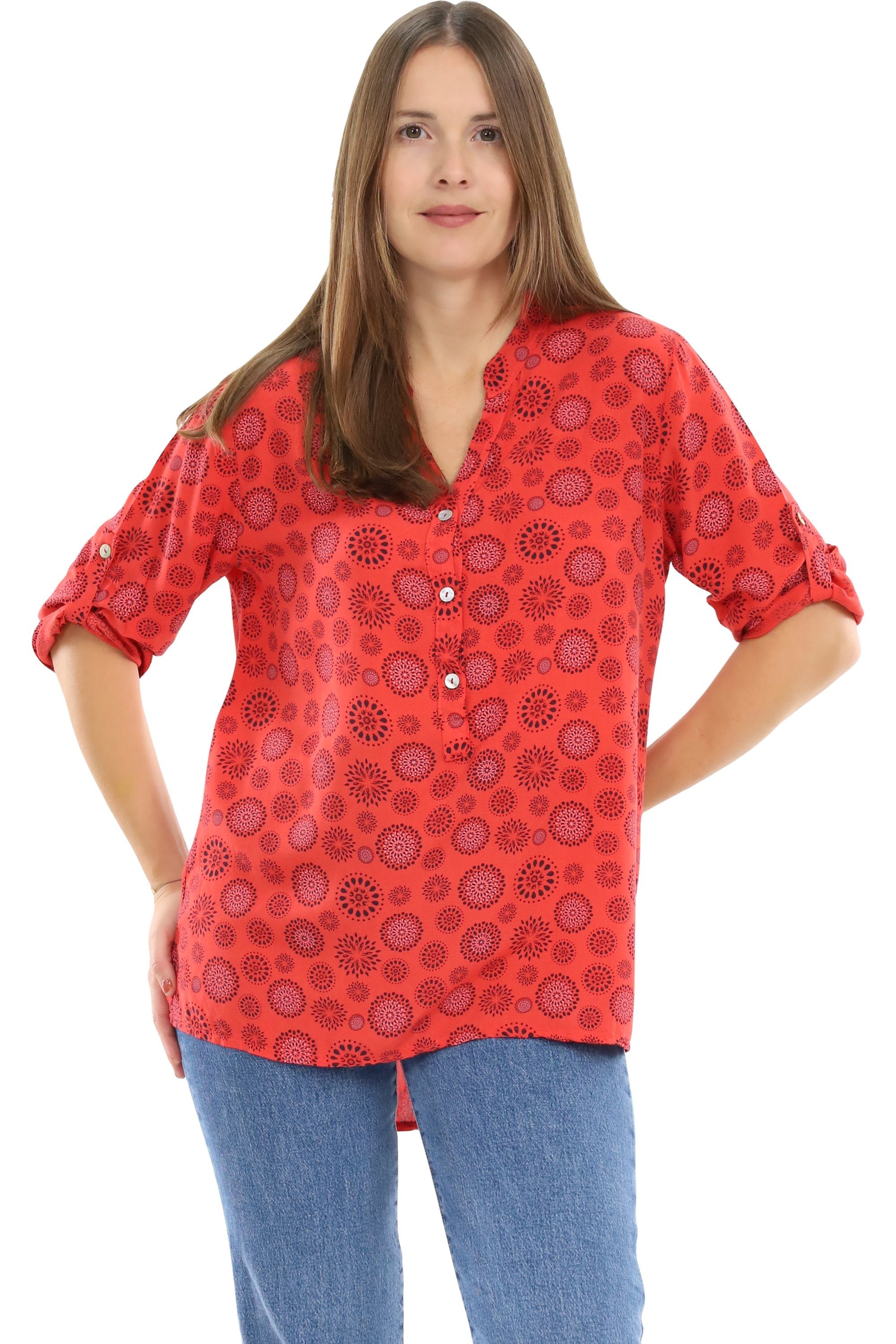 malito more than fashion Schlupfbluse 6703 Bluse mit Kreis Blumen Print 3/4 Ärmeln Einheitsgröße rot