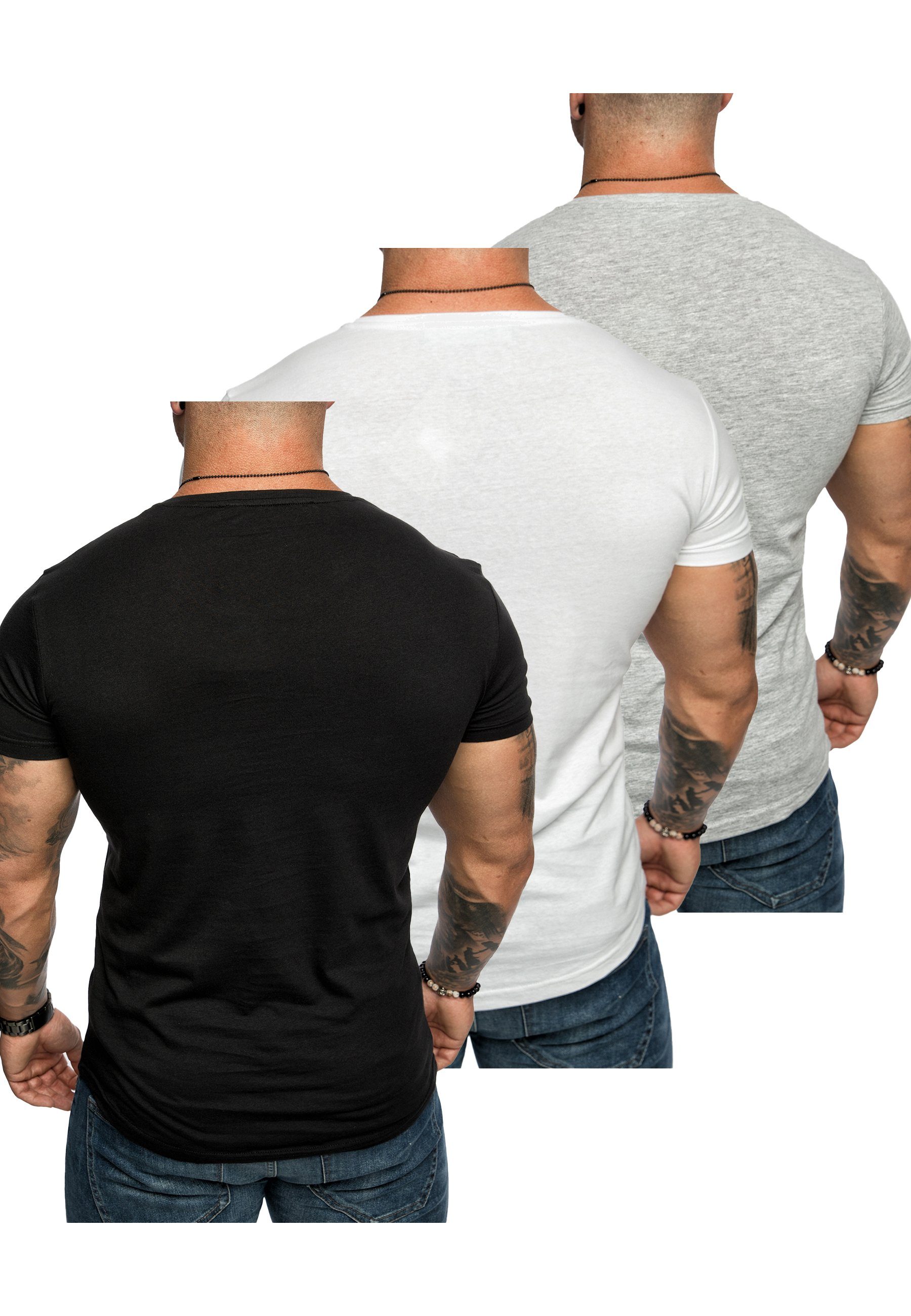 mit Weiß (3er-Pack) 3. Basic T-Shirts Rundhalsausschnitt TACOMA Herren + 3er-Pack + Schwarz) (Grau T-Shirt Oversize Amaci&Sons T-Shirt