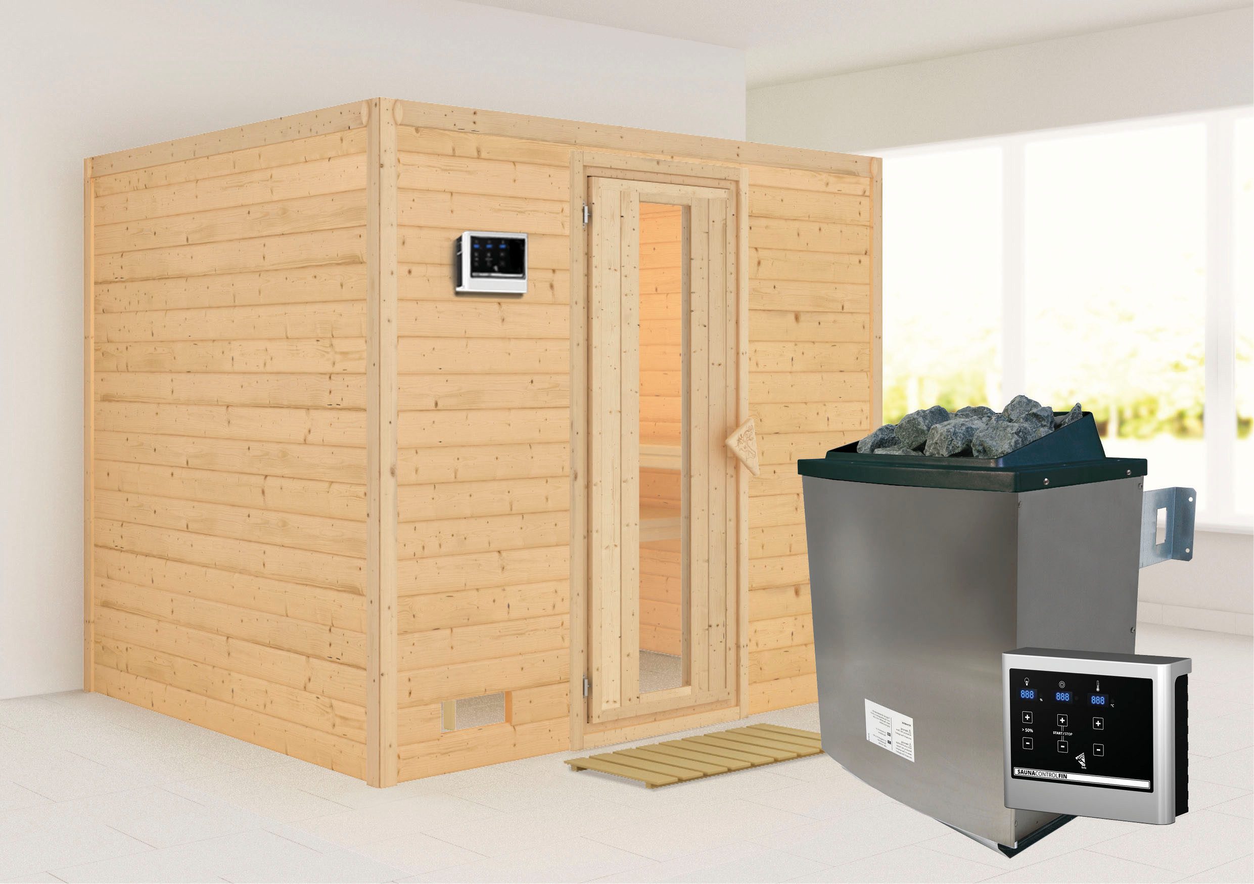 Karibu Sauna Soraja, BxTxH: 231 x 196 x 200 cm, 40 mm, (Set) Ofen 9 KW externe Strg easy