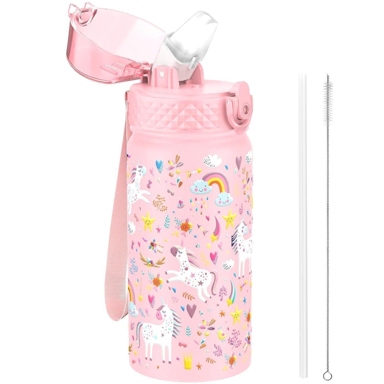 LuxusKollektion Trinkflasche Trinkflasche Kinder Edelstahl Strohhalm Jungen Rosa Einhorn 420ml 14oz