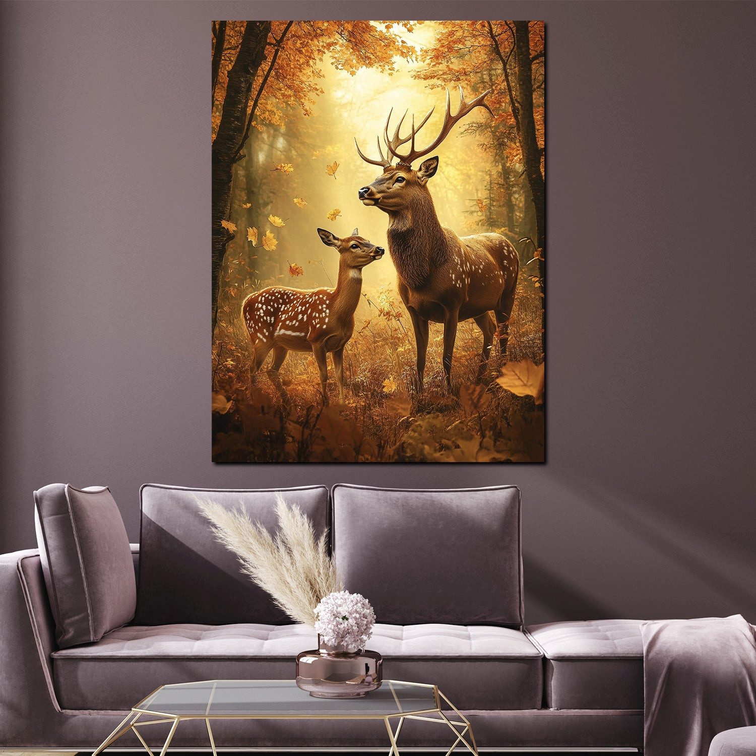 Artedinoi Leinwandbild Hirschpaar Wald Lichtstimmung Leinwandbild Wandbild Kunstdruck XL Wand, Hirschpaar im Wald