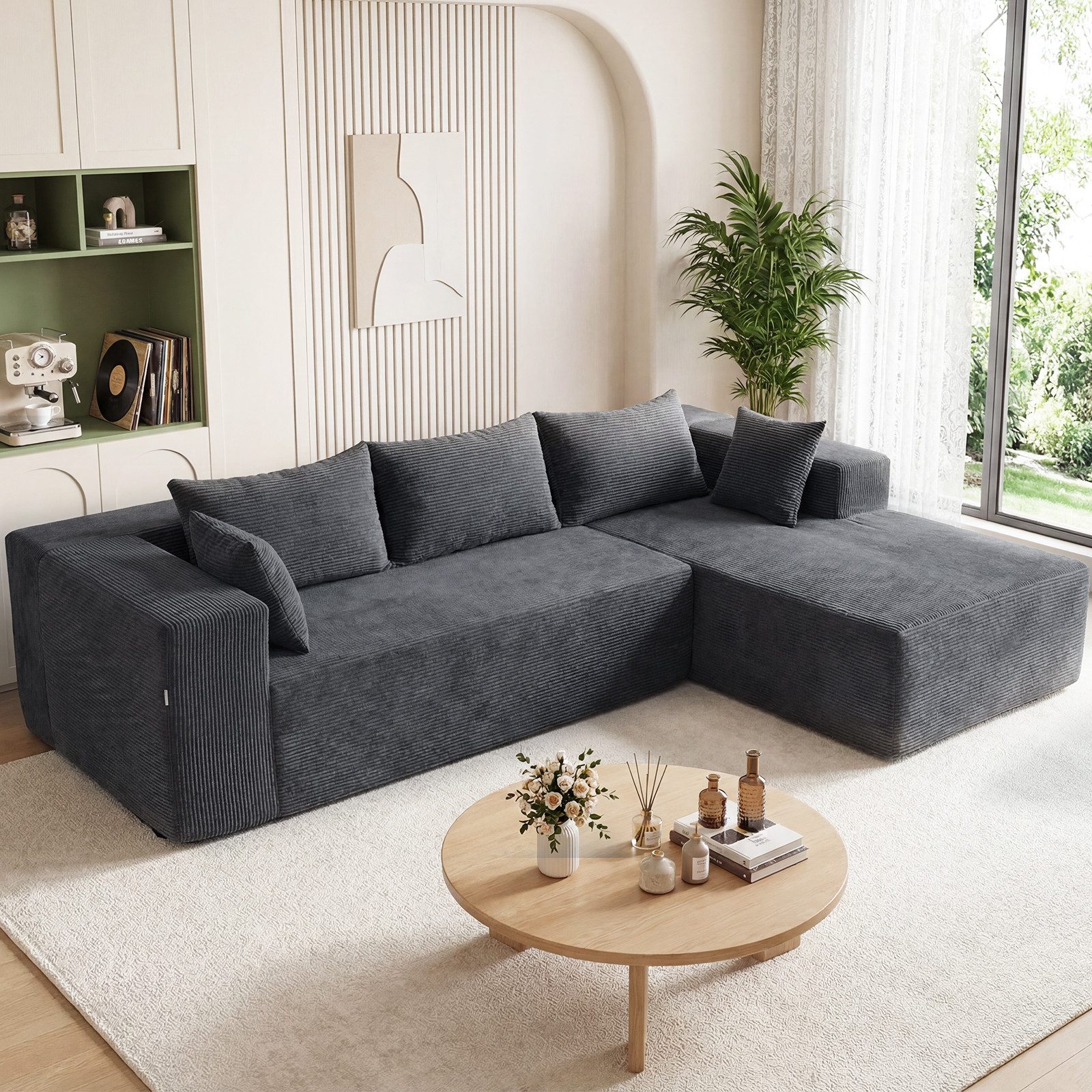 COSTWAY Ecksofa mit Schlaffunktion L-form Cord, Modulsofa für 4 Personen