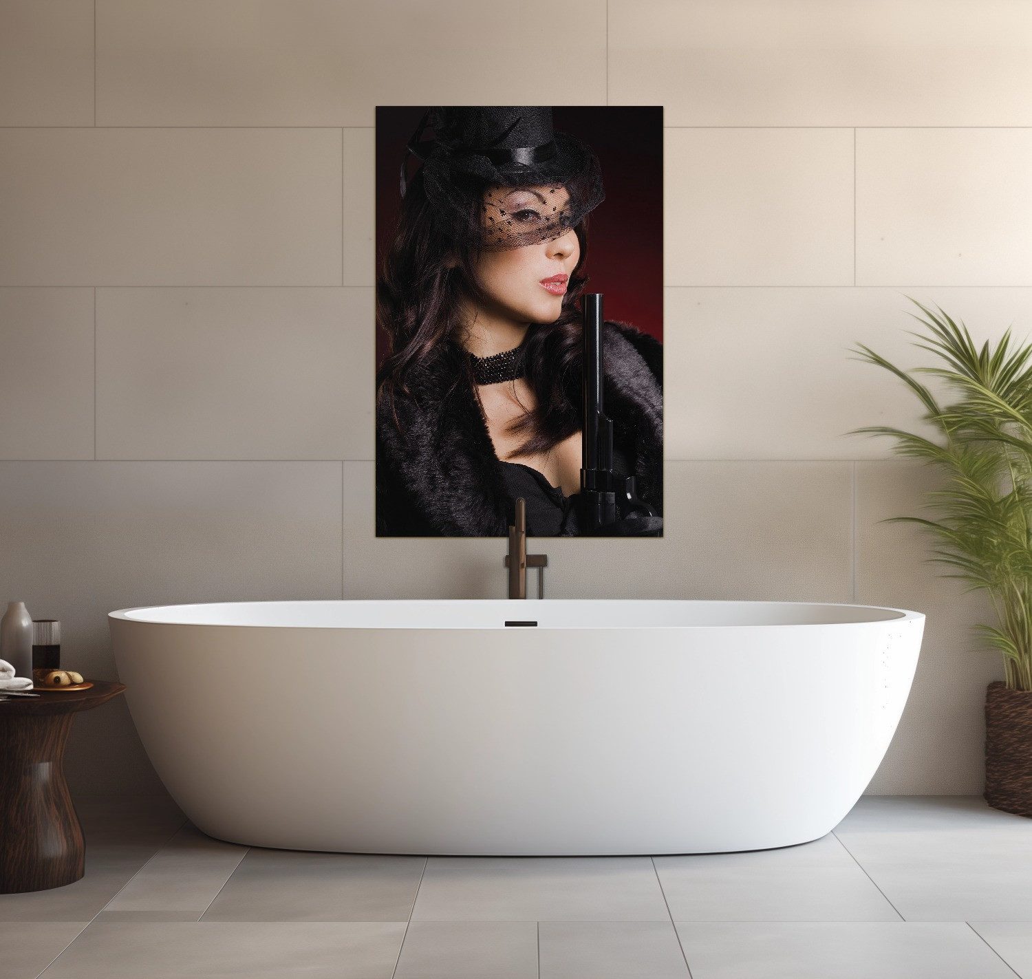 Wallario Wandfolie, Lady in Black - Sexy Dame mit gefährlichem Charme, wasserresistent, geeignet für Bad und Dusche