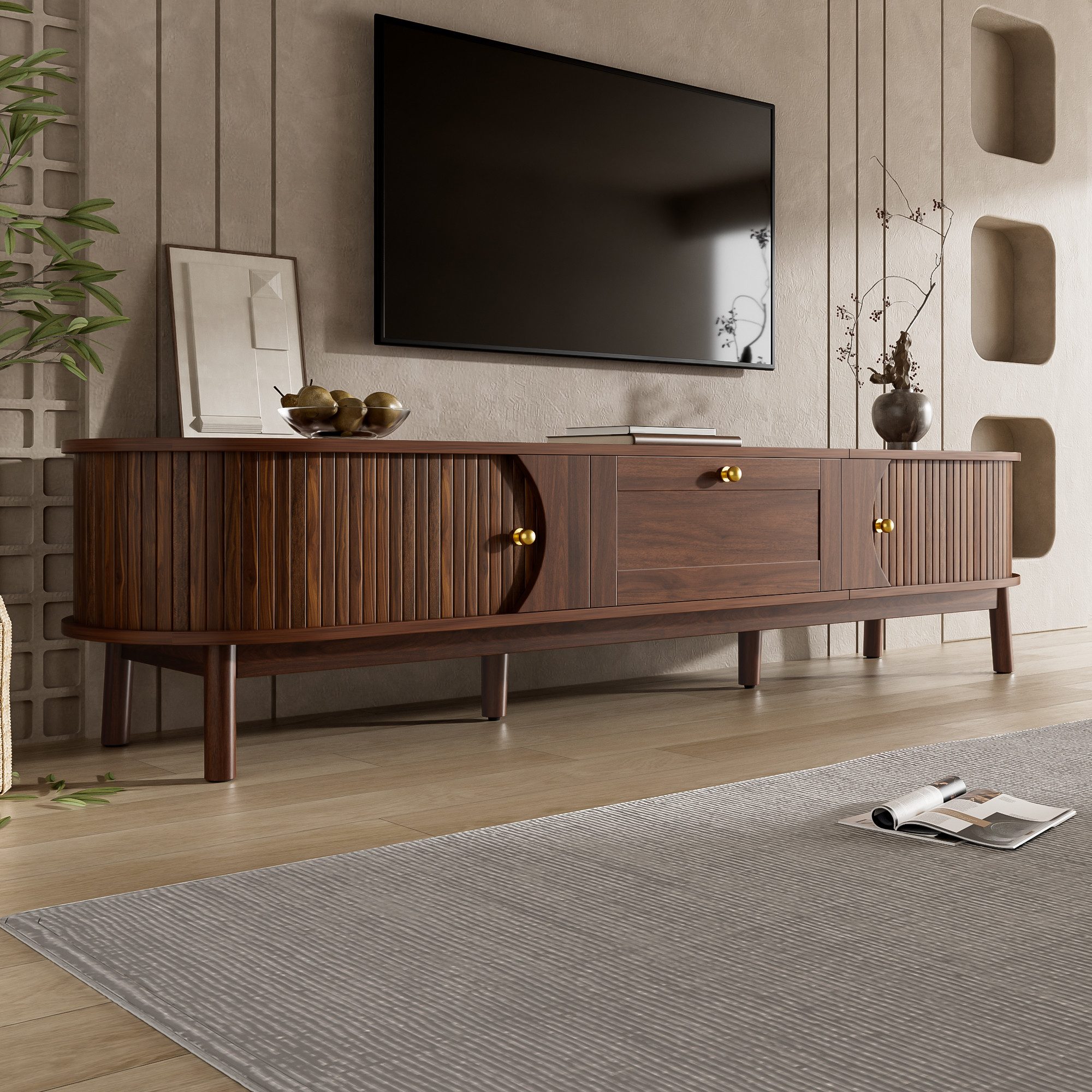 Merax TV-Schrank in Holzoptik mit Lamellentüren & abgerundeten Ecken (1-St) TV-Lowboard mit Schublade, 2 Schiebetüren & Holzbeinen, 170x39,5x38cm