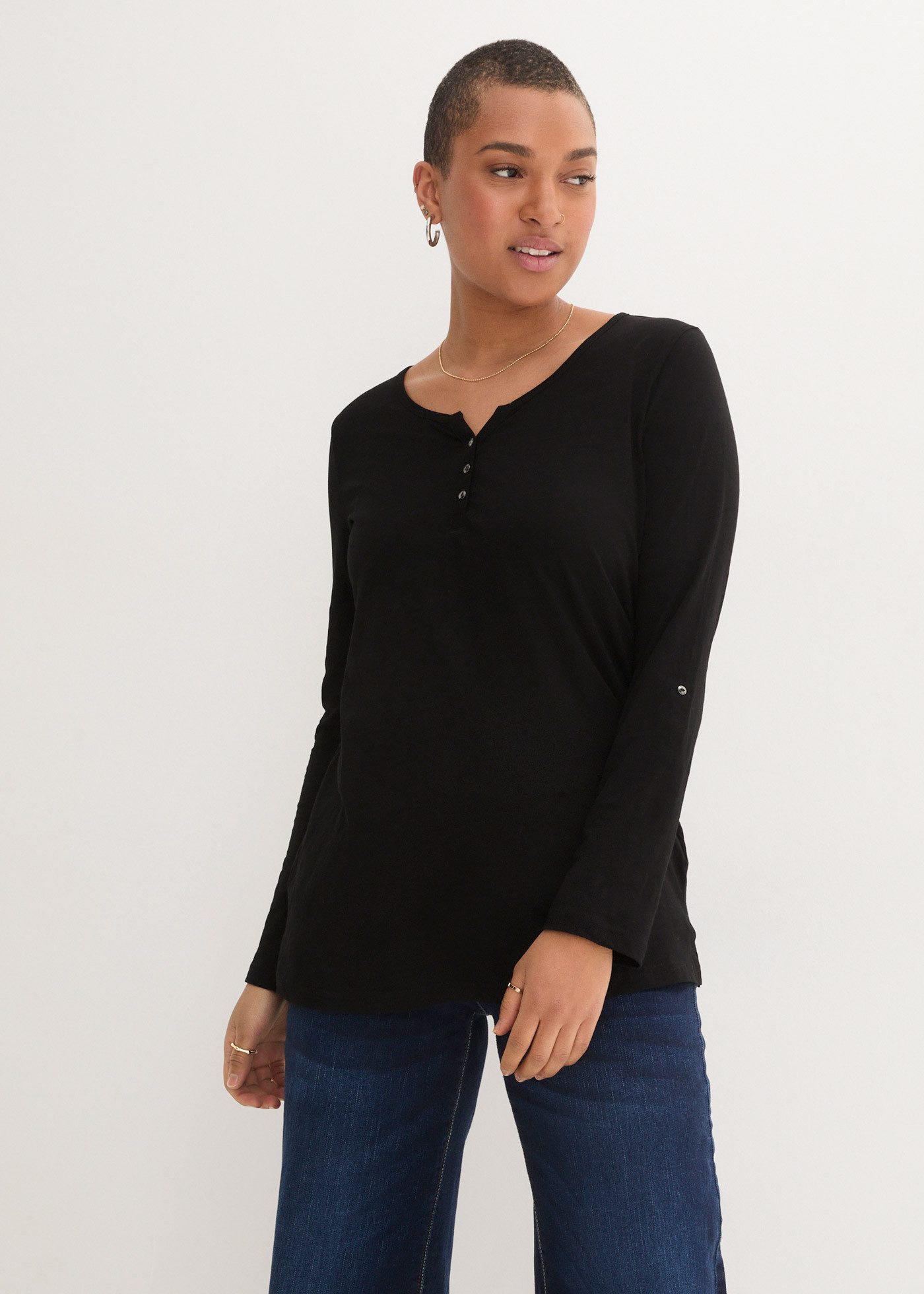 bonprix Langarmshirt (1-tlg) gerade Passform, verstellbare Ärmel, mit V-Aus günstig online kaufen