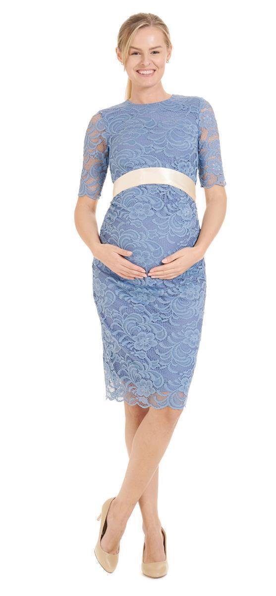 Schwangerschaftskleid (1-tlg) - Herzmutter - Hochzeit festlich Grau-Blau Umstandskleid Spitze