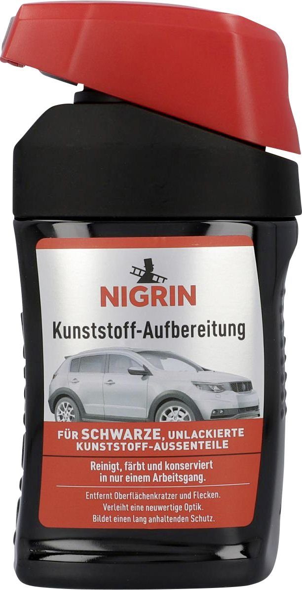 NIGRIN Nigrin Kunststoff Aufbereitung schwarz 300ml Autopolitur, reinigt,  färbt und konserviert schwarze, unlackierte Kunststoff-Außenteile