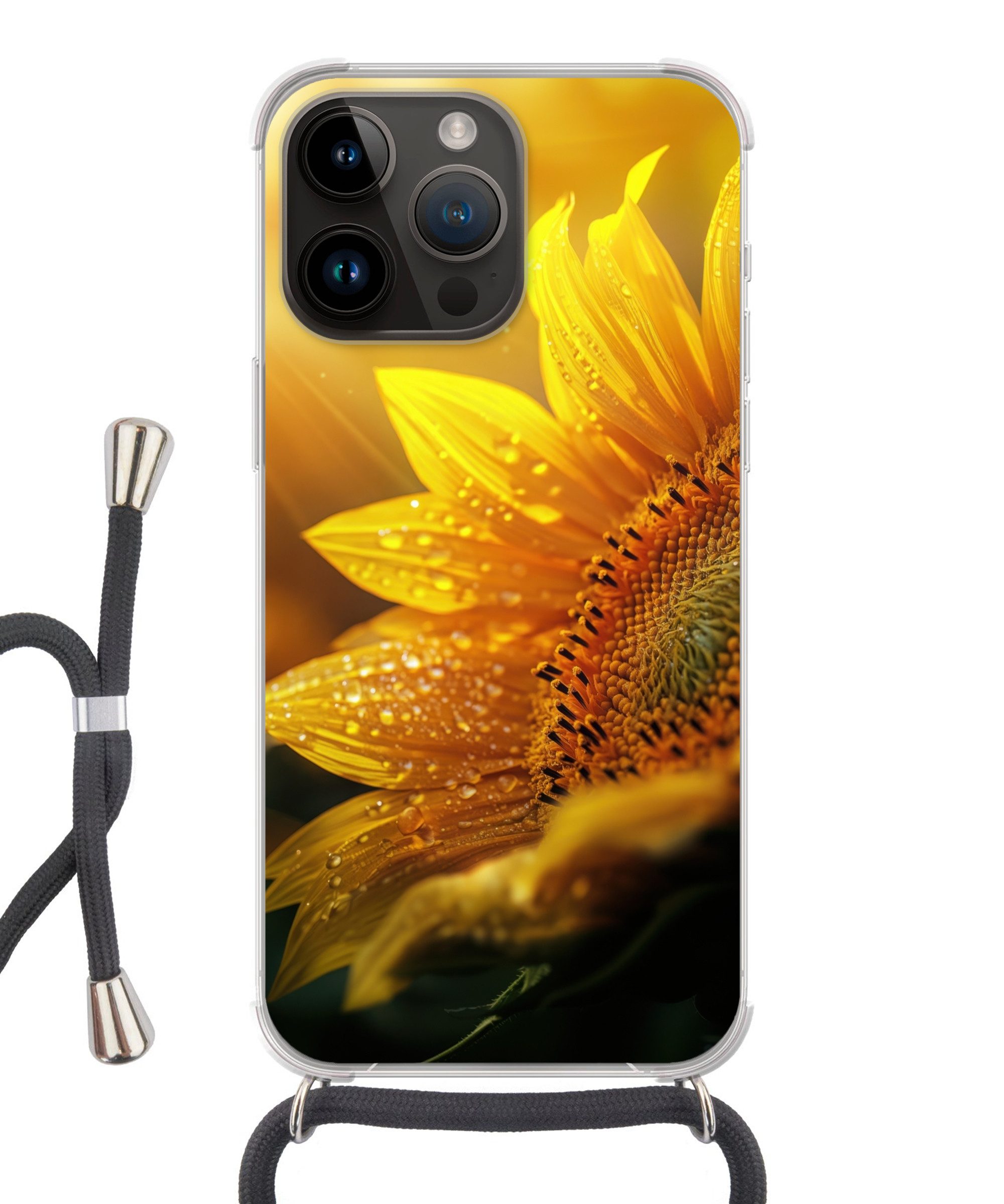 MuchoWow Handyhülle für Apple iPhone 14 Pro Sonnenblume - Tautropfen - Gelb - Sonnenlicht, Tragbare Handyhüllen mit Kette zum umhängen, Handykette Handyband
