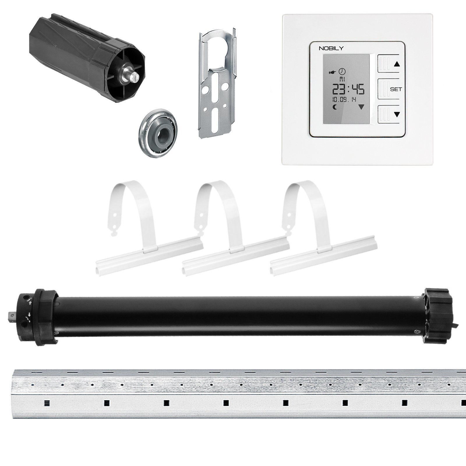 Nobily Achtkantwelle Rollladen-Set mit Maxi Rollladenmotor, Zeitschaltuhr, Mechanik-Set, Komplett-Set, 7-St., 20Nm/ 50kg