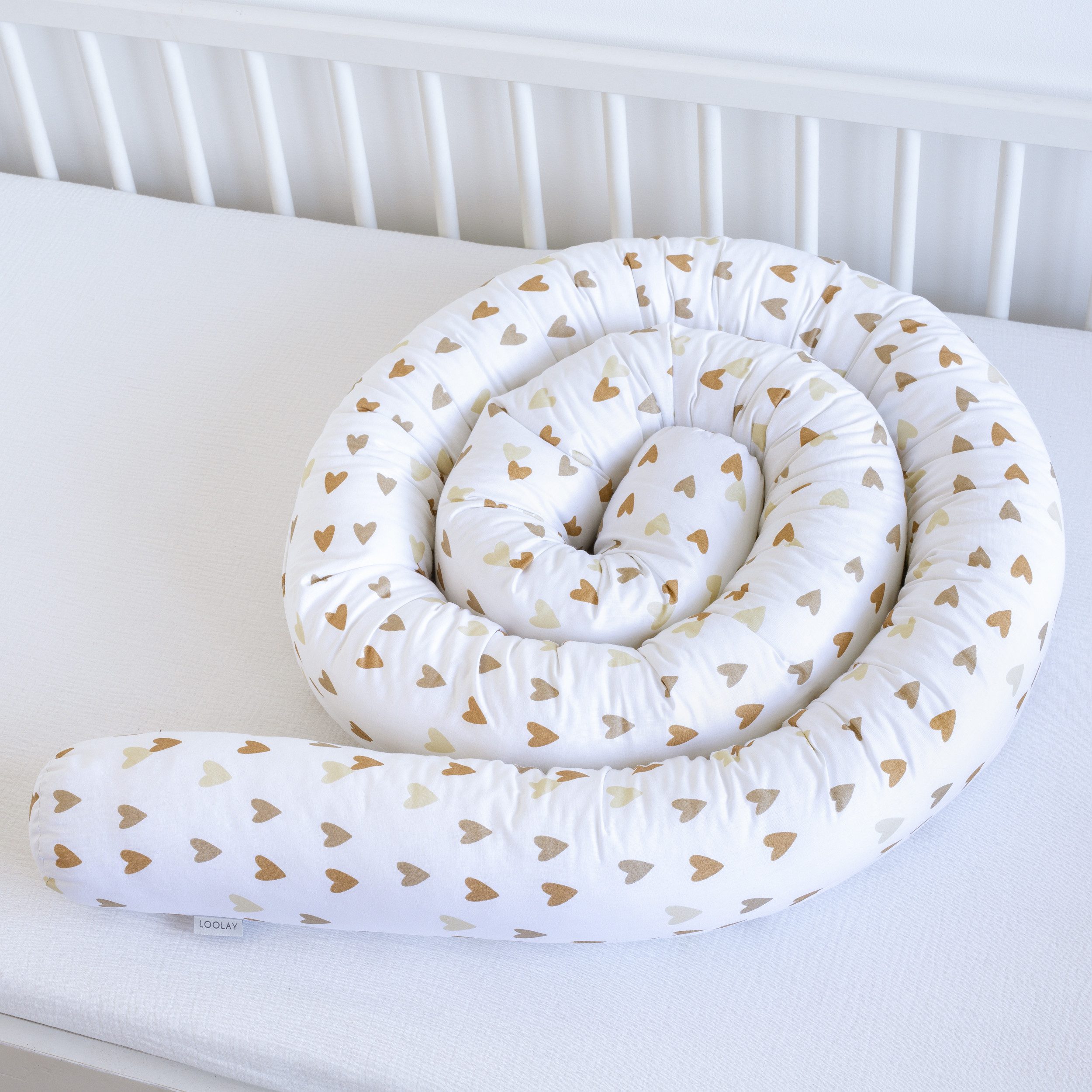 Loolay Nestchenschlange Herz BEIGE BRAUN Baumwolle Multifunktion Bettschlange Stoffschlange, (Bettumrandung Krabbeldecke Babybett Umrandung Schlange Bett Kopfsc – Bild 4 von 5