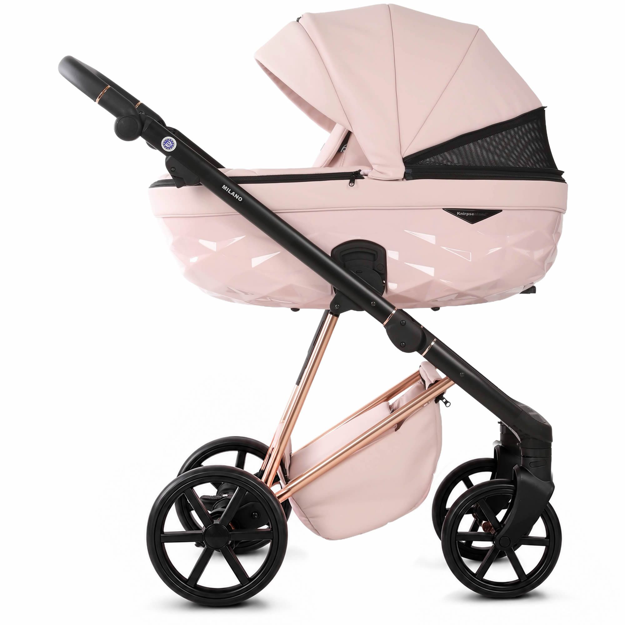 Knirpsenland Kombi-Kinderwagen Milano 2in1 Luxus 3D Wanne, Sportsitz, Wickeltasche, viel Zubehör, (Spar-Set), hohe Sicherheit durch One-Klick System der Kinderwagenaufsätze