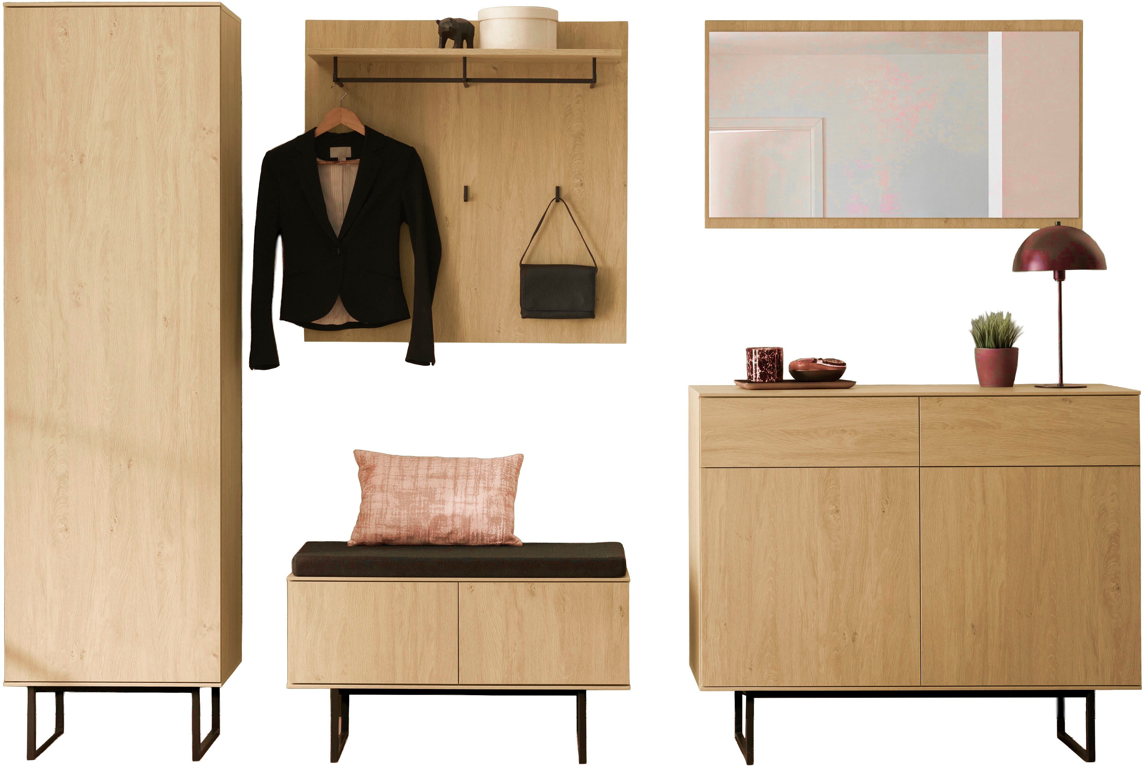 Home affaire Garderoben-Set Lund, moderne Garderobe, Komplettset mit viel Stauraum, (Set, 5-St), enthält Schrank, Kommode, Spiegel, Paneel, Schuhbank inkl. Sitzkissen