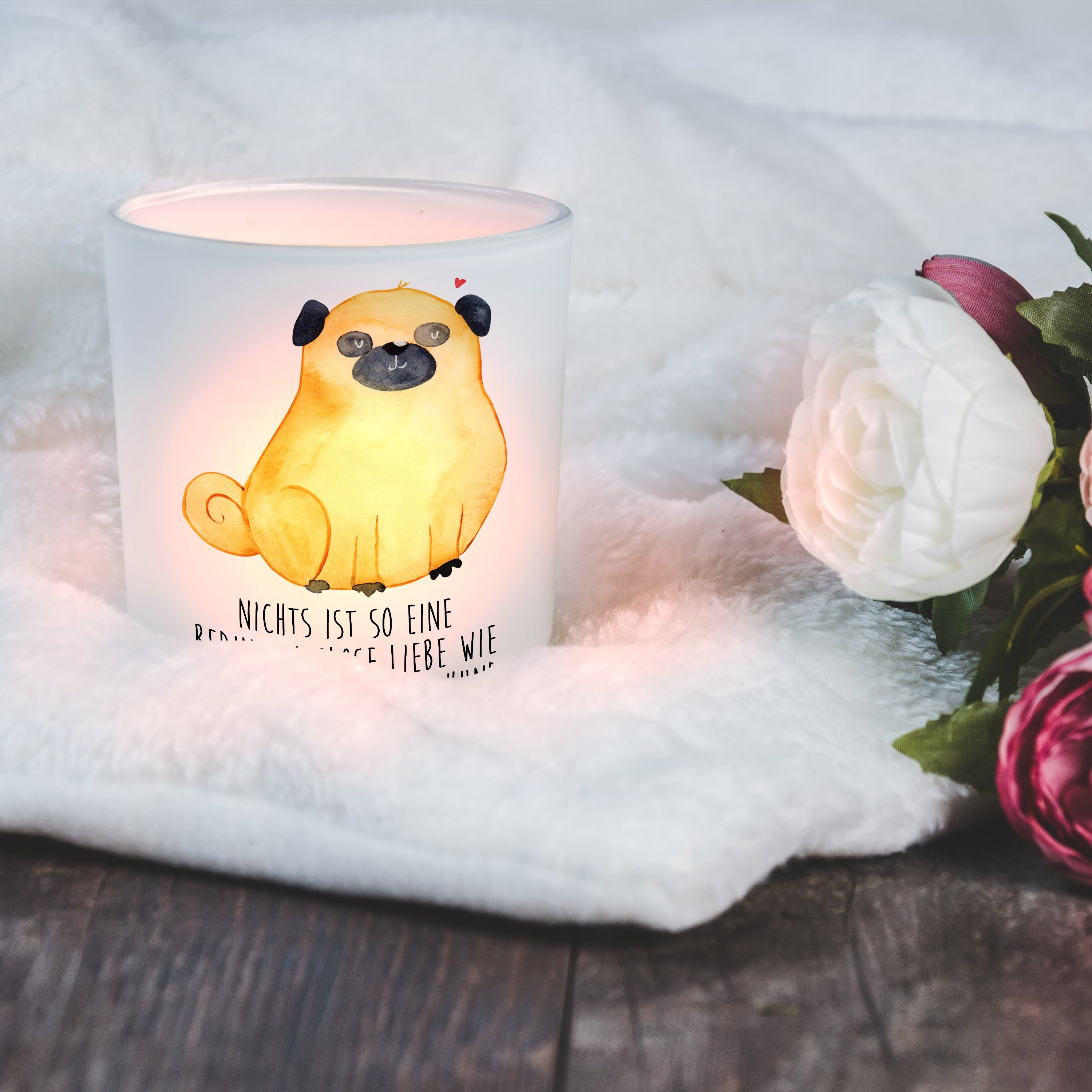 Mr. & Mrs. Panda Windlicht Mops - Transparent - Geschenk, Hunderasse, Teelichtglas, Kerzenlicht, (1 St)