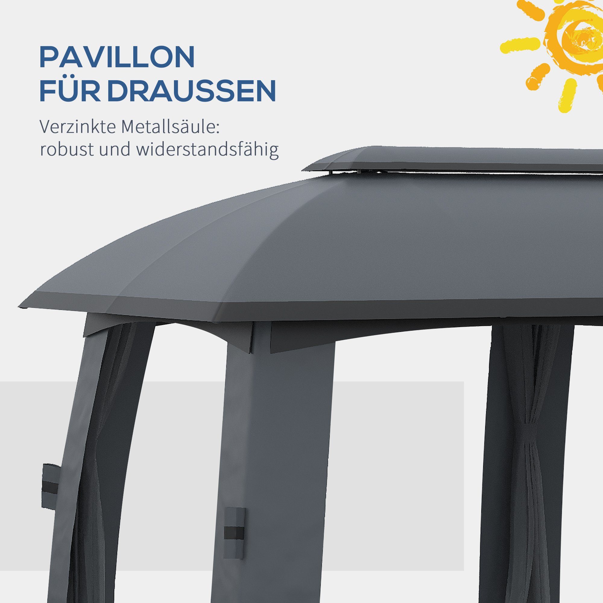 Outsunny Pavillon Partyzelt mit Doppeldach, mit 4 Seitenteilen, (Gartenpavillon, Pavillon), Garten, Terrasse, Balkon, Dunkelgrau