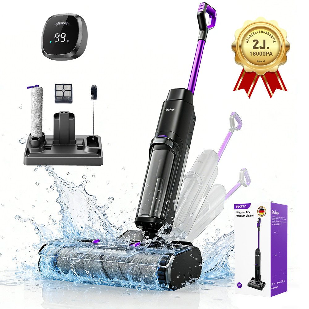 Redkey Nass-Trocken-Akkusauger 2026 Nass Trockensauger 18000Pa Nass-Trocken-Staubsauger Smart 3 in 1, 300 W, 65dB leise/11-Stufen-Filter/OLED Display/Fliesen/Marmor