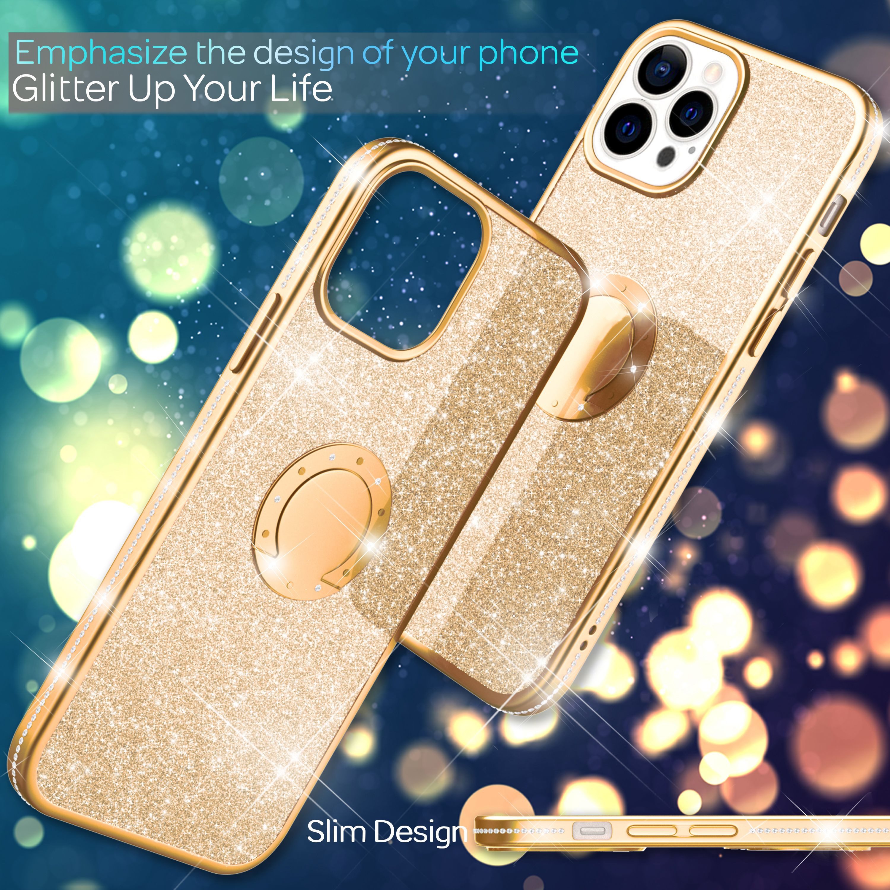Nalia Smartphone-Hülle Apple iPhone 13 Pro 15,5 cm (6,1 Zoll), Glitzer Ring Silikon Hülle / 360 Grad Finger-Halter / Standfunktion