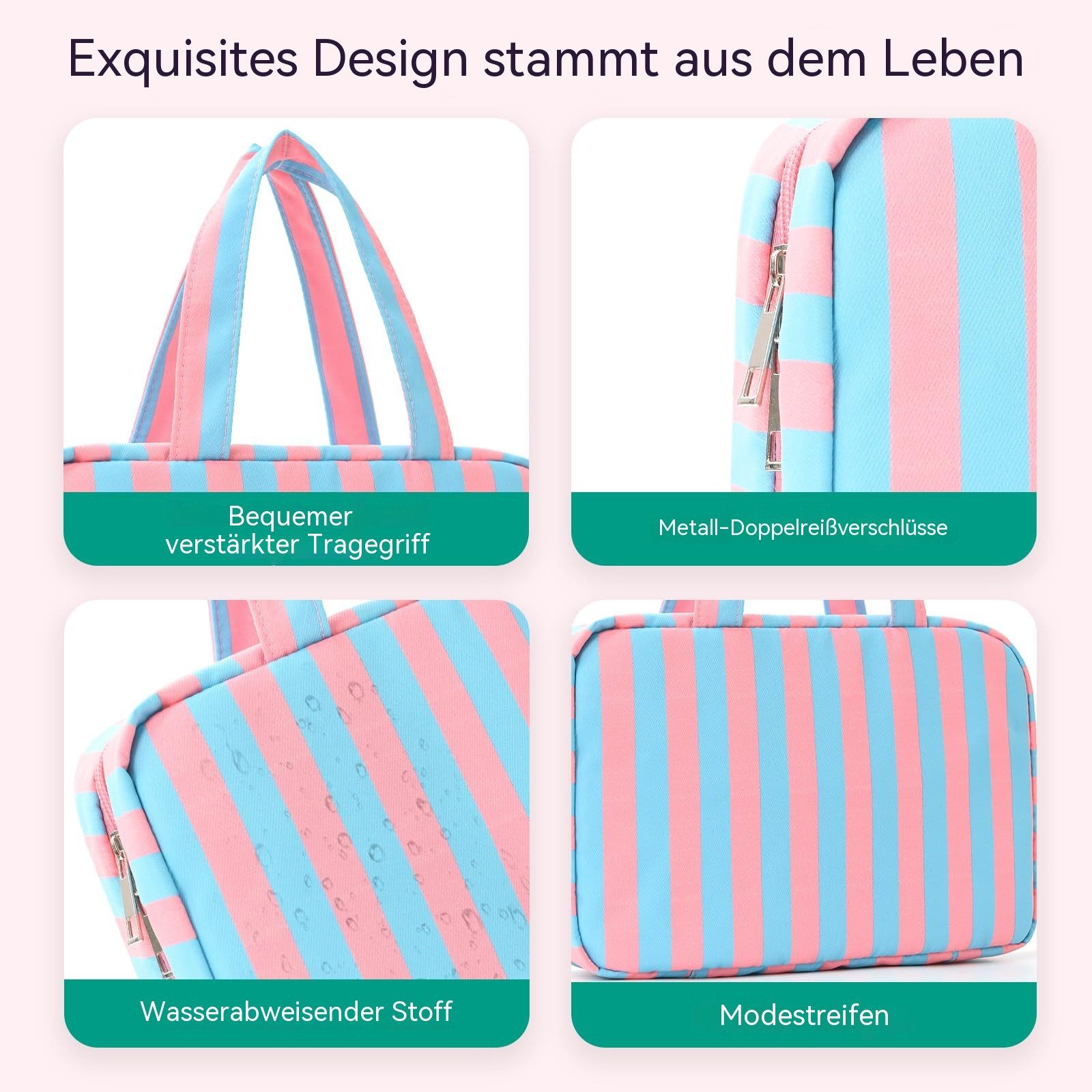 Zyronn Kulturbeutel Reise Kulturtasche Damen, Wasserabweisende Kulturbeutel mit Nassfach, Stilvolle, gestreifte Kosmetiktasche mit Haken – Bild 2 von 5