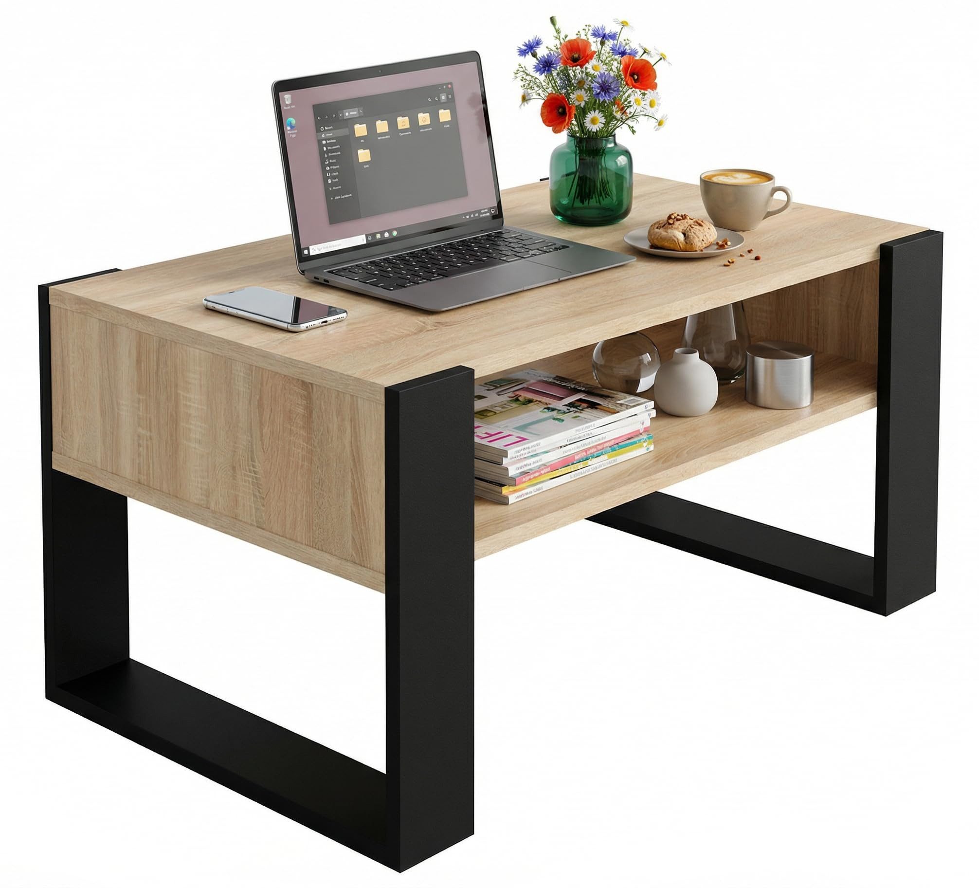 TREND WERK Couchtisch mit zusätzlicher Ablagefläche (65×53,6×45 cm - Wohnzimmertisch, Loft-Design, Ablagefach)