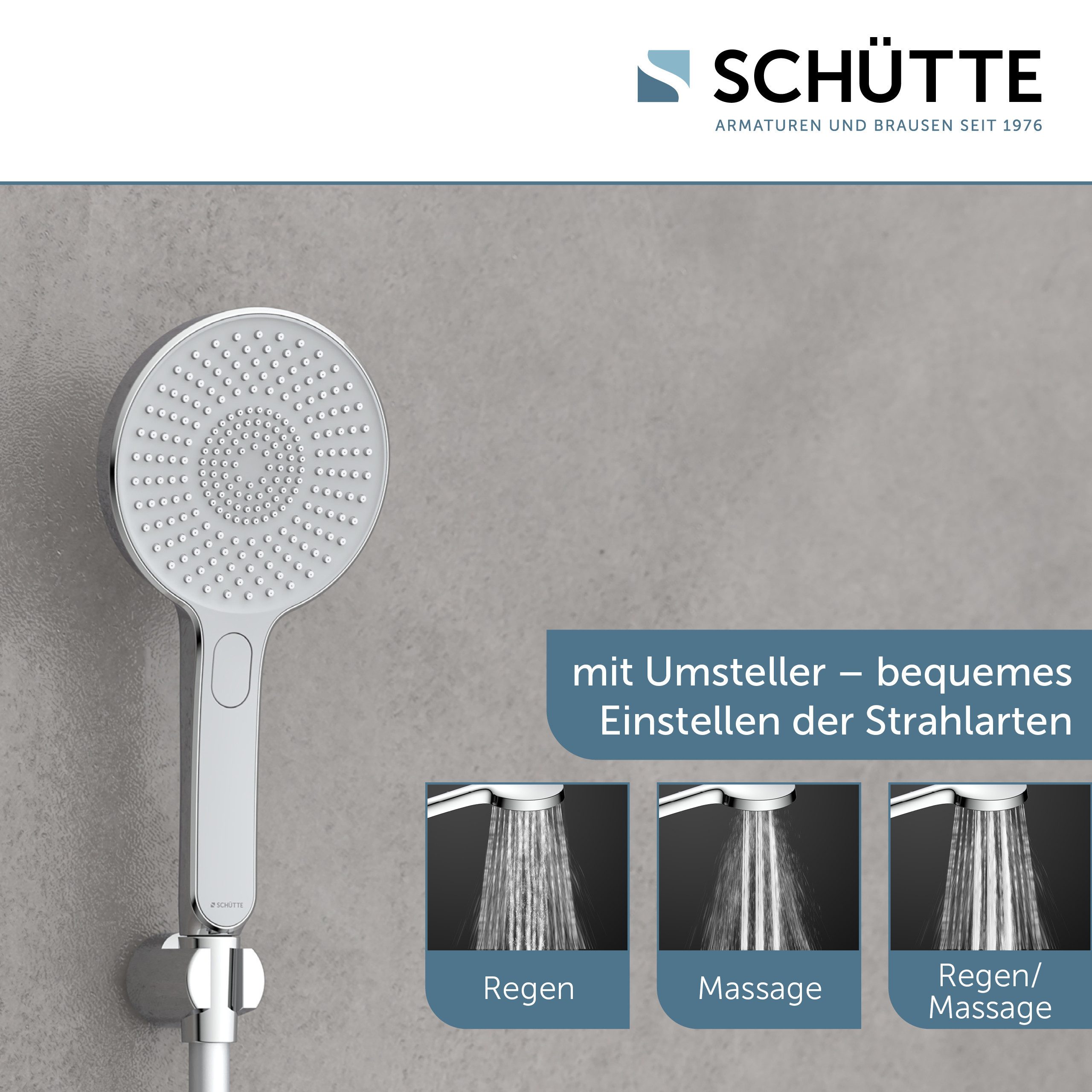 Schütte Handbrause KARIBIK, 3-fach verstellbar, mit Antikalknoppen, wassersparend, eckig