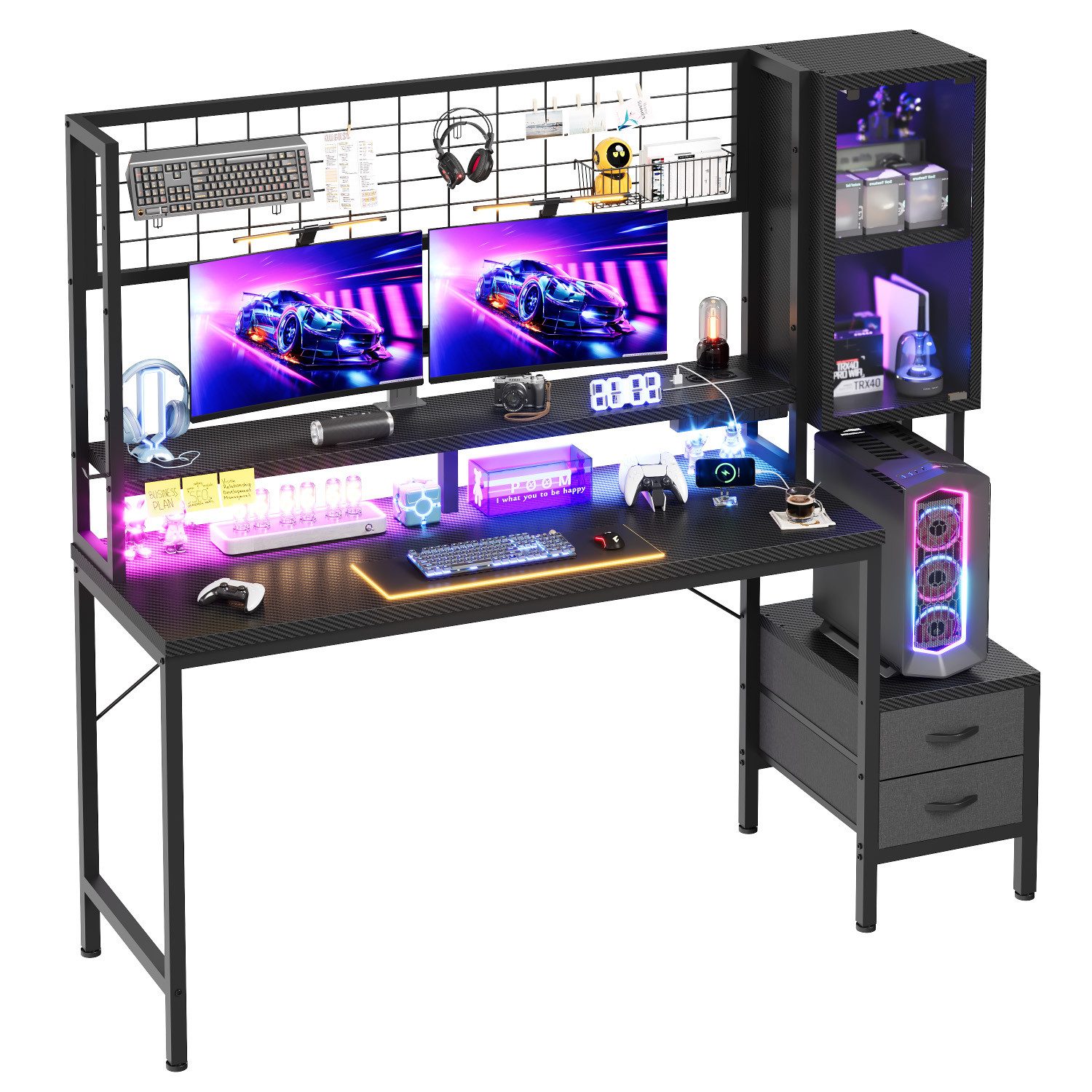 Furnicopia Gamingtisch Gamingtisch Computertisch, Schreibtisch 120/140cm mit LED-Beleuchtung (E-Sport-Tisch Typ I/L mit Monitorhalterung, 2 Schubladen + Glasvitrine, Steckdosen und USB-Anschlüssen, ergonomischer Computertisch, geeignet für Gaming und Homeoffice)