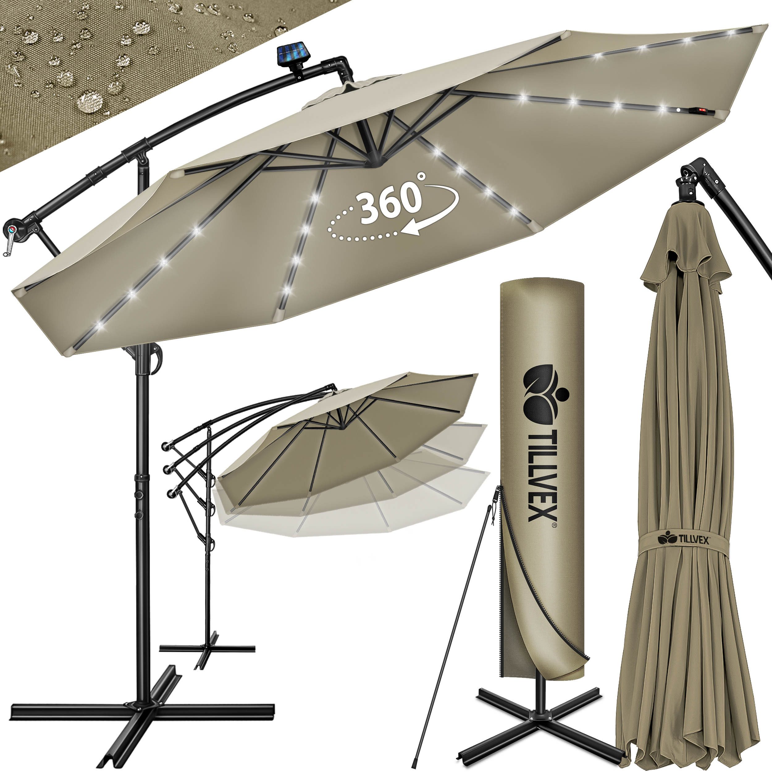 tillvex Sonnenschirm tillvex® Sonnenschirm LED Solar Ø 3m Ampelschirm Balkon Gartenschirm, Alu Ampelschirm + Abdeckung LED Solar Ø 350 cm mit Kurbel, Abdeckung + Ständer, Gartenschirm UV-Schutz Aluminium, Kurbelschirm Marktschirm wasserdicht 360° drehbar