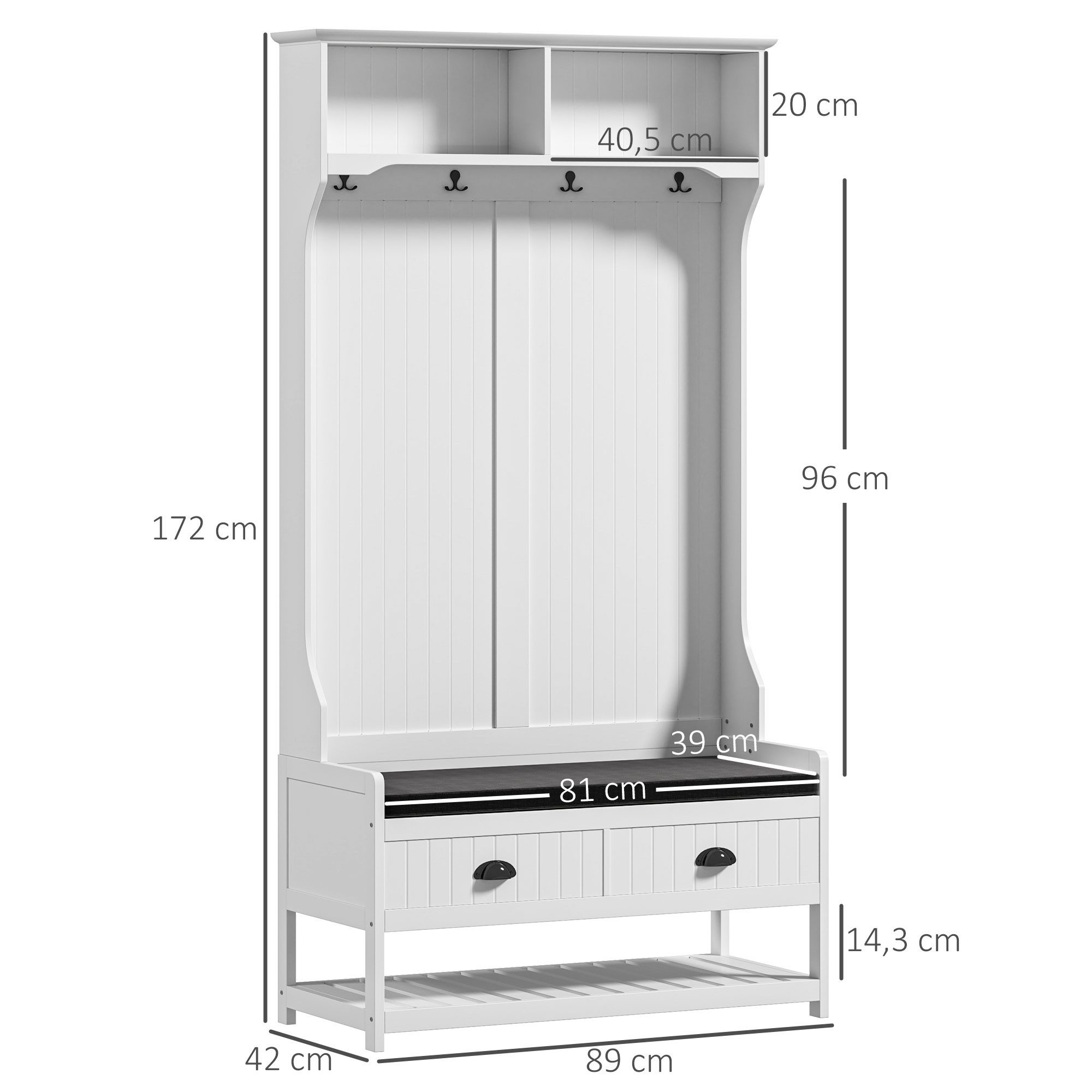 HOMCOM Garderobenständer 2-in-1, mit 4 Haken, Schuhbank und Ablagen, Kippschutz, (Kleidungsständer, 1 St., Garderobe), für Eingangsbereich, Flur, Schlafzimmer, Weiß+Grau
