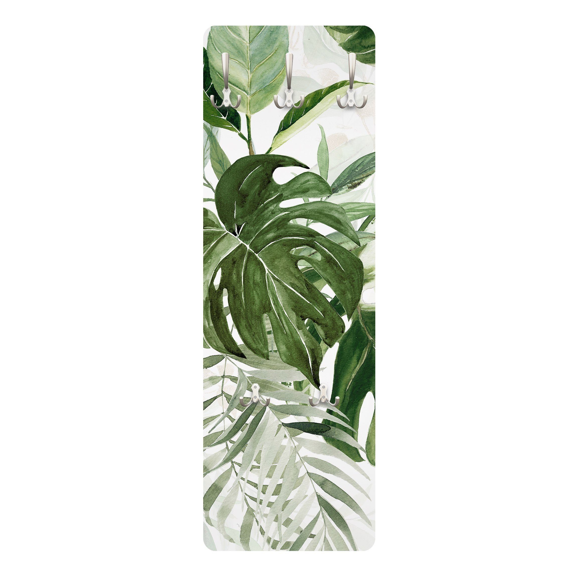 Bilderdepot24 Garderobenpaneel grün Botanik Illustration Aquarell Tropisches Arrangement Monstera (ausgefallenes Flur Wandpaneel mit Garderobenhaken Kleiderhaken hängend), moderne Wandgarderobe - Flurgarderobe im schmalen Hakenpaneel Design