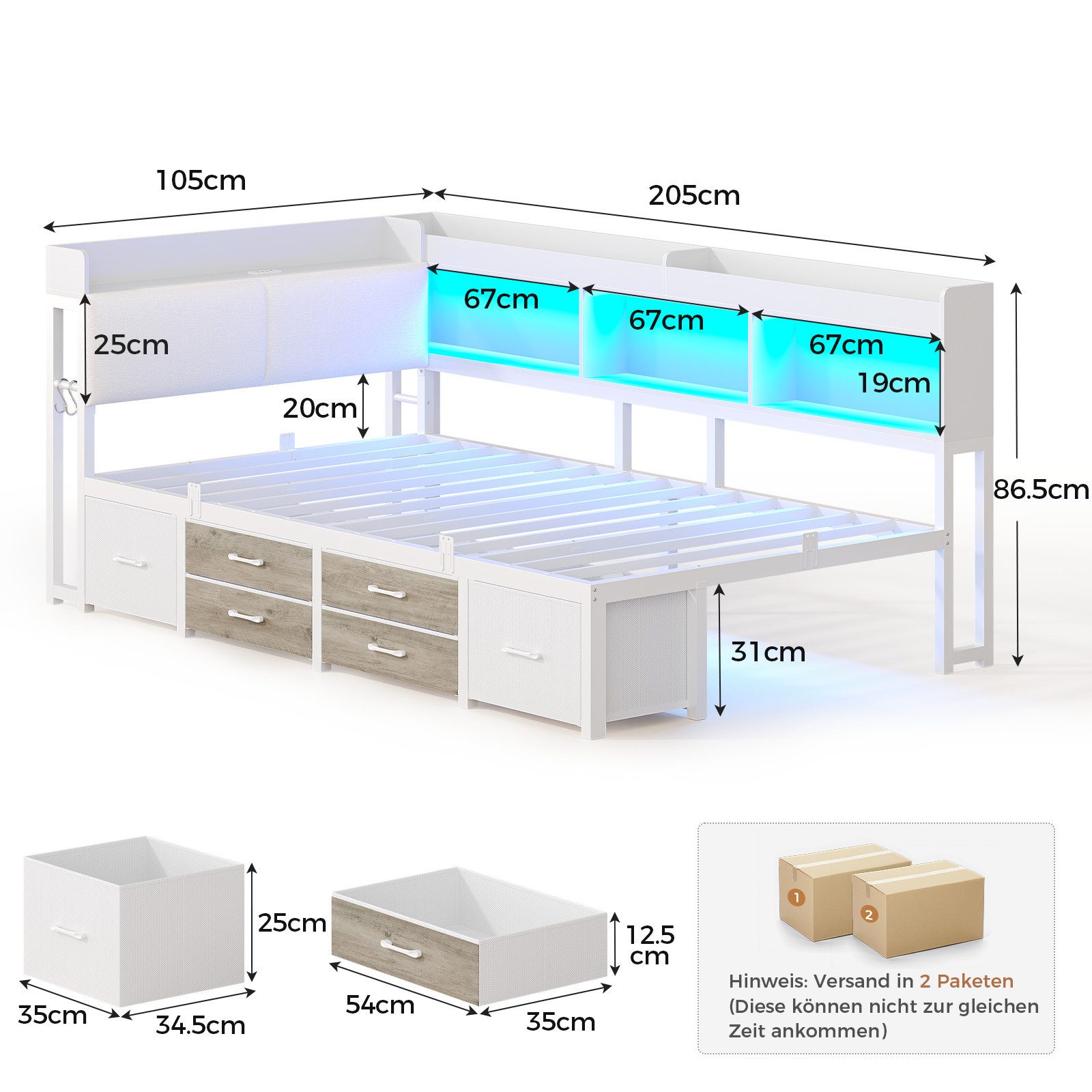 MSMASK Daybett Tagesbett Schlafsofa mit LED-Beleuchtung & Ladestation, Jugendbett mit 6 Staufächern und 6 Schubladen – Liegefläche 90x190 cm – Bild 2 von 5